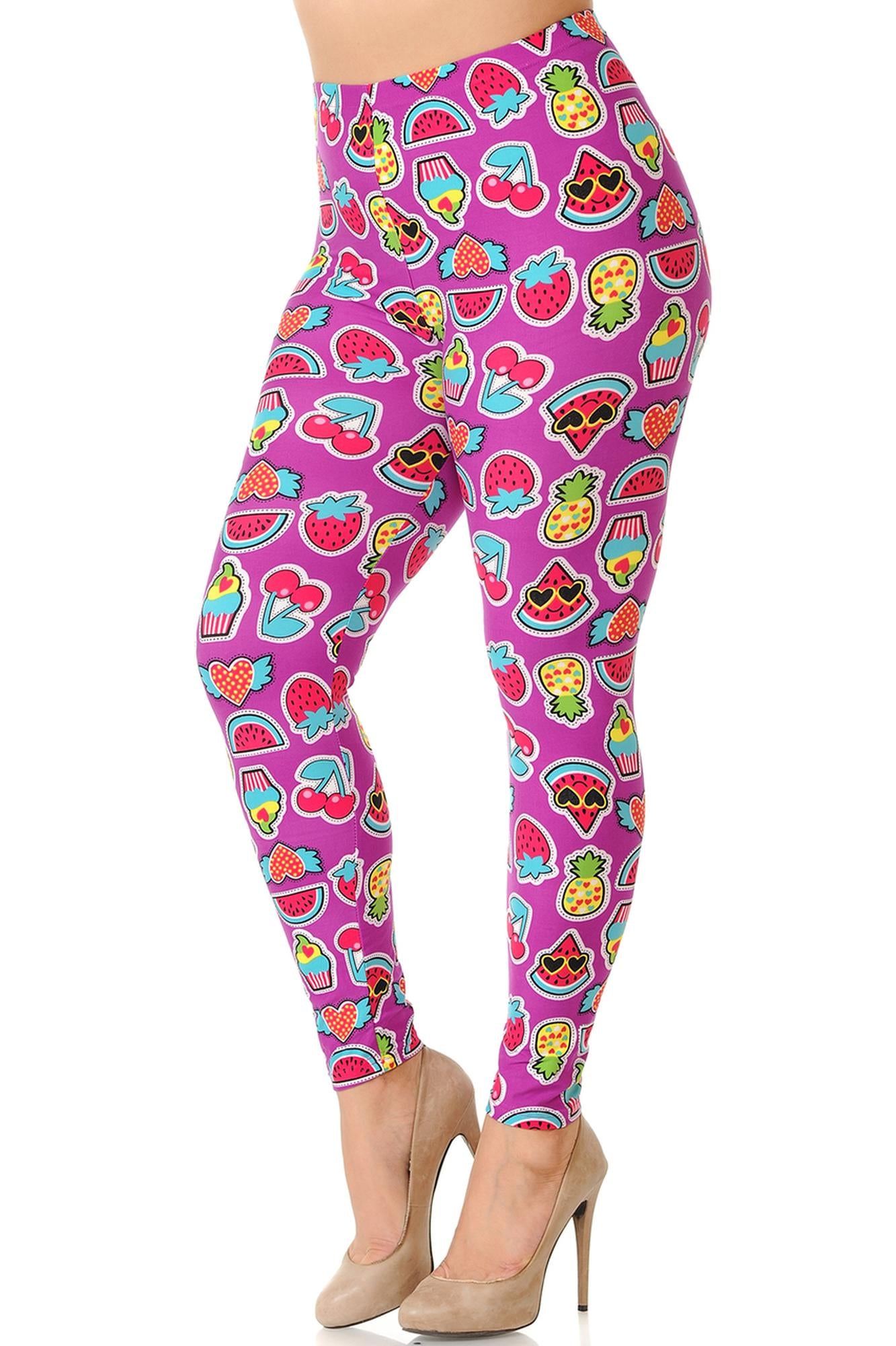 Buttery Soft Cartoon Fruit Plus Size Leggings - 3X-5X (One Size Plus,Fuchsia)