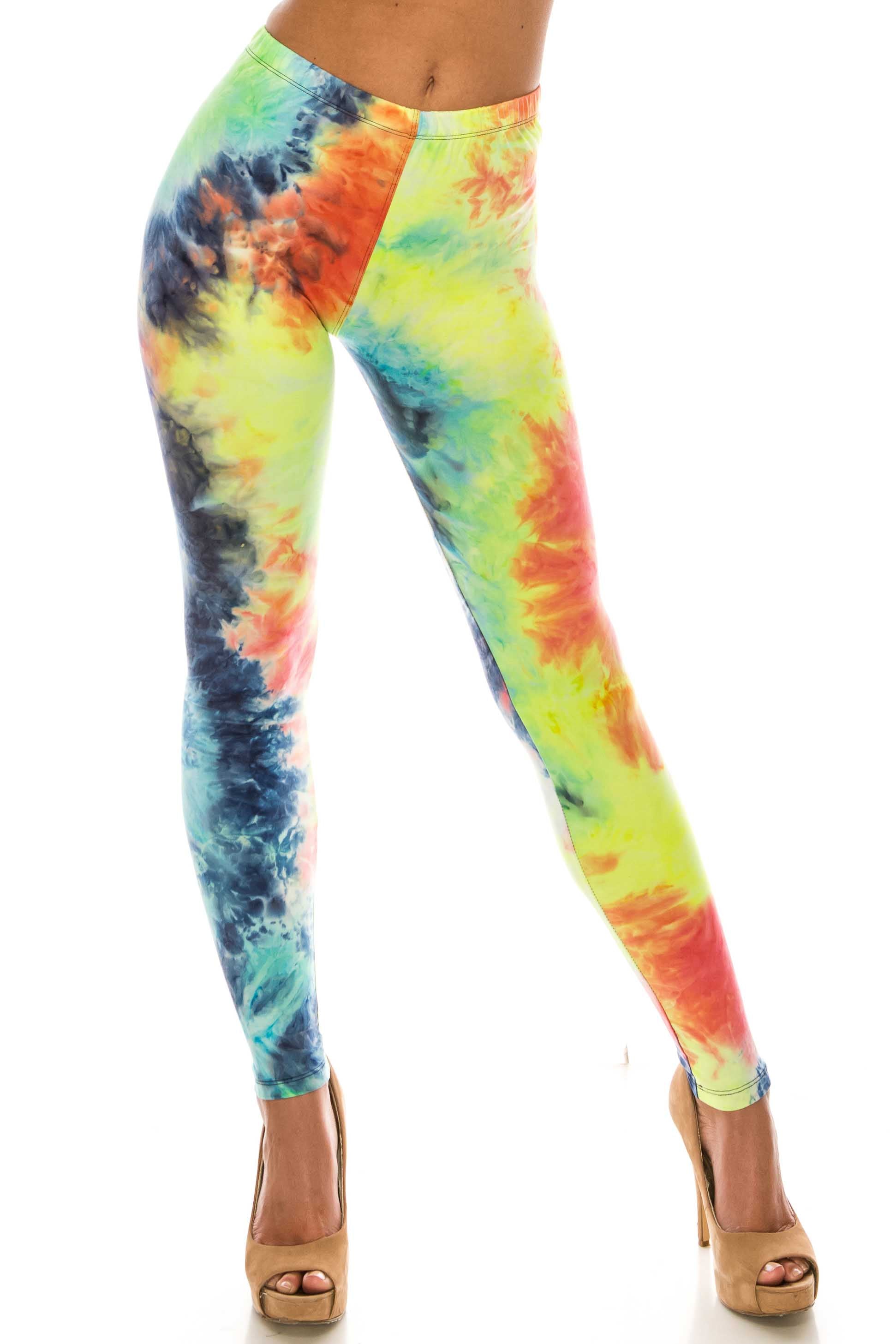 Buttery Soft Summer Yellow Tie Dye Extra Plus Size Leggings - 3X-5X (XPlus One Size,Yellow)