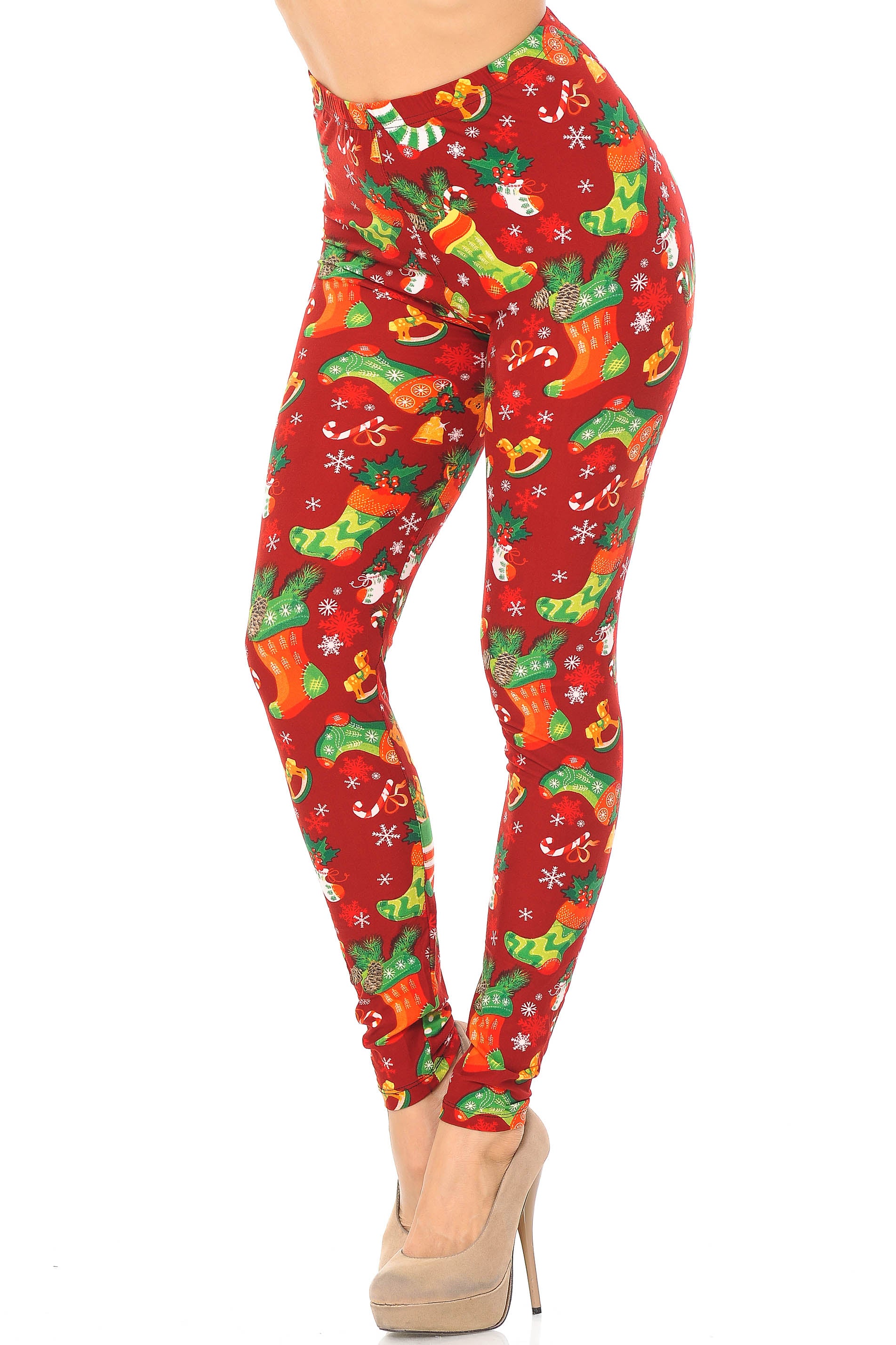 Buttery Soft Ruby Red Christmas Stocking Leggings (One Size Regular,Red)