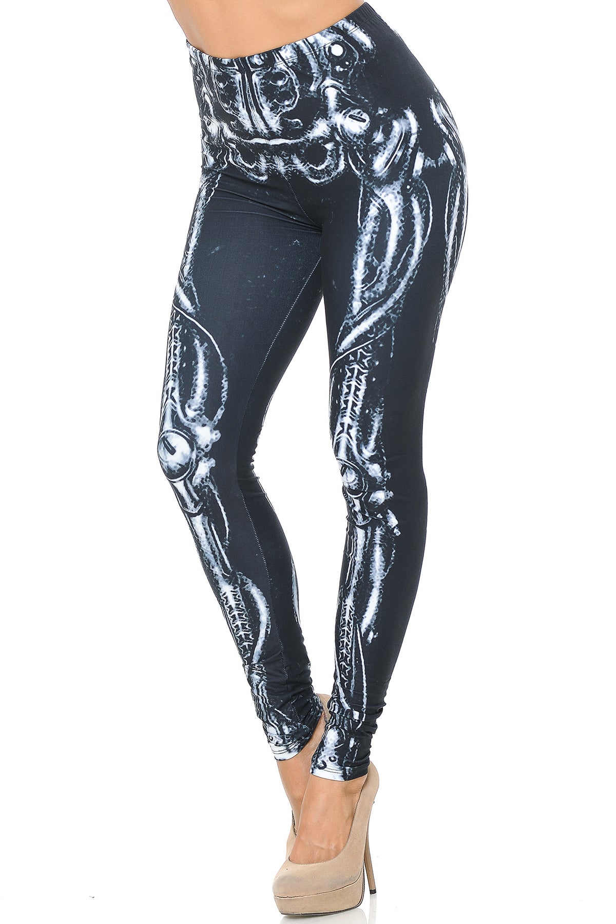 Creamy Soft Black Bio Mechanical Skeleton Leggings (Steam Punk) - USA Fashion (One Size Regular,Black)