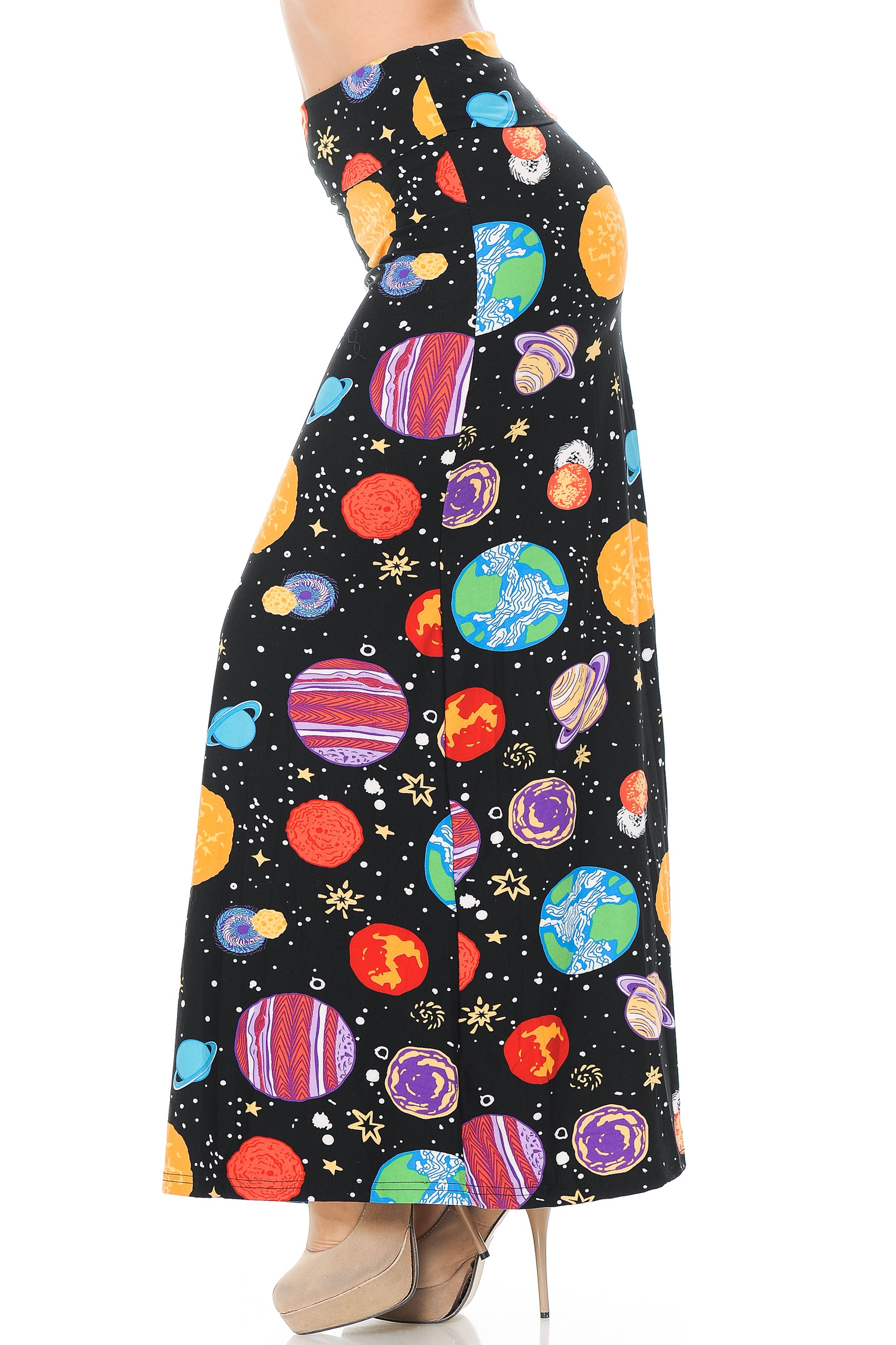 Buttery Soft Planets in Space Plus Size Maxi Skirt (One Size Plus,Black)