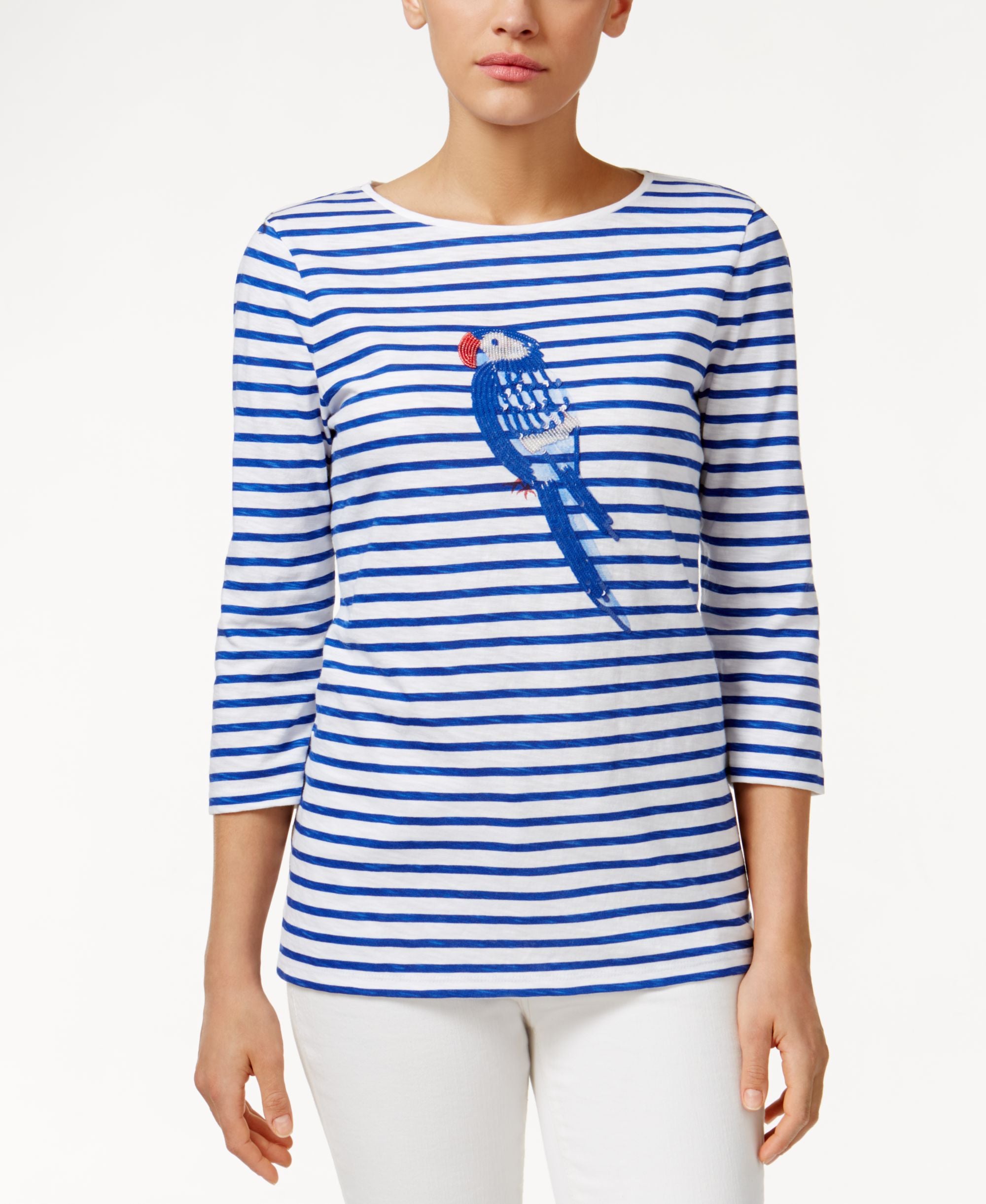 Charter Club Petite Embellished Graphic Striped Tee