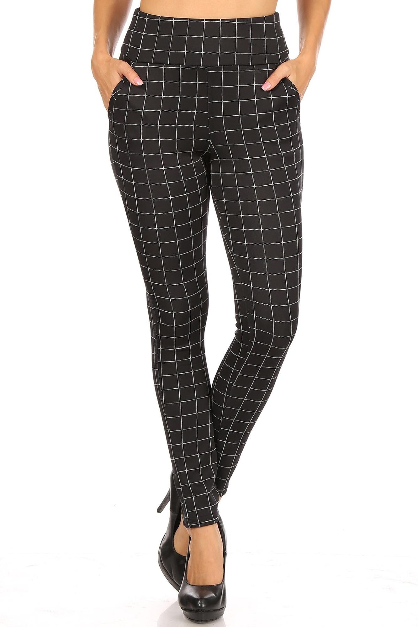 Black and White Grid Print High Waisted Body Sculpting Treggings with Pockets