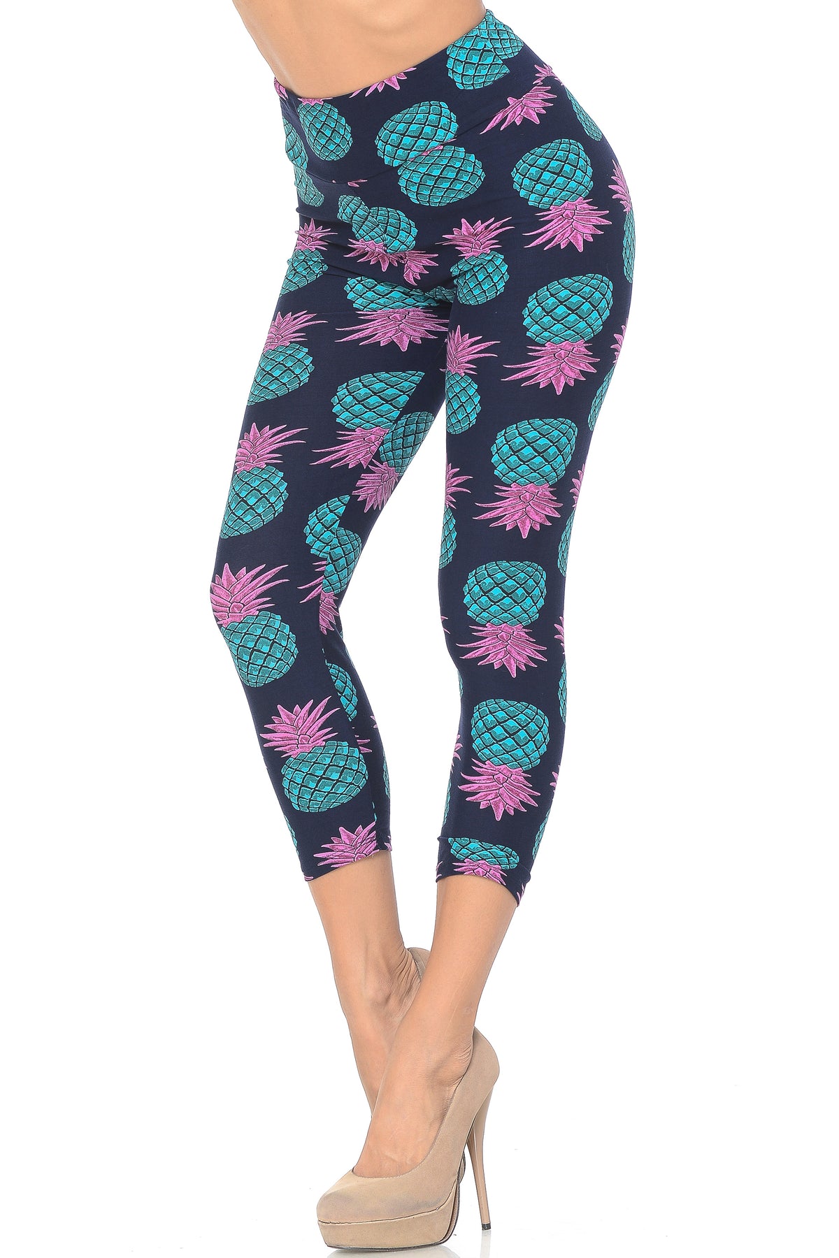 Buttery Smooth Teal Pineapple High Waisted Plus Size Capri - EEVEE