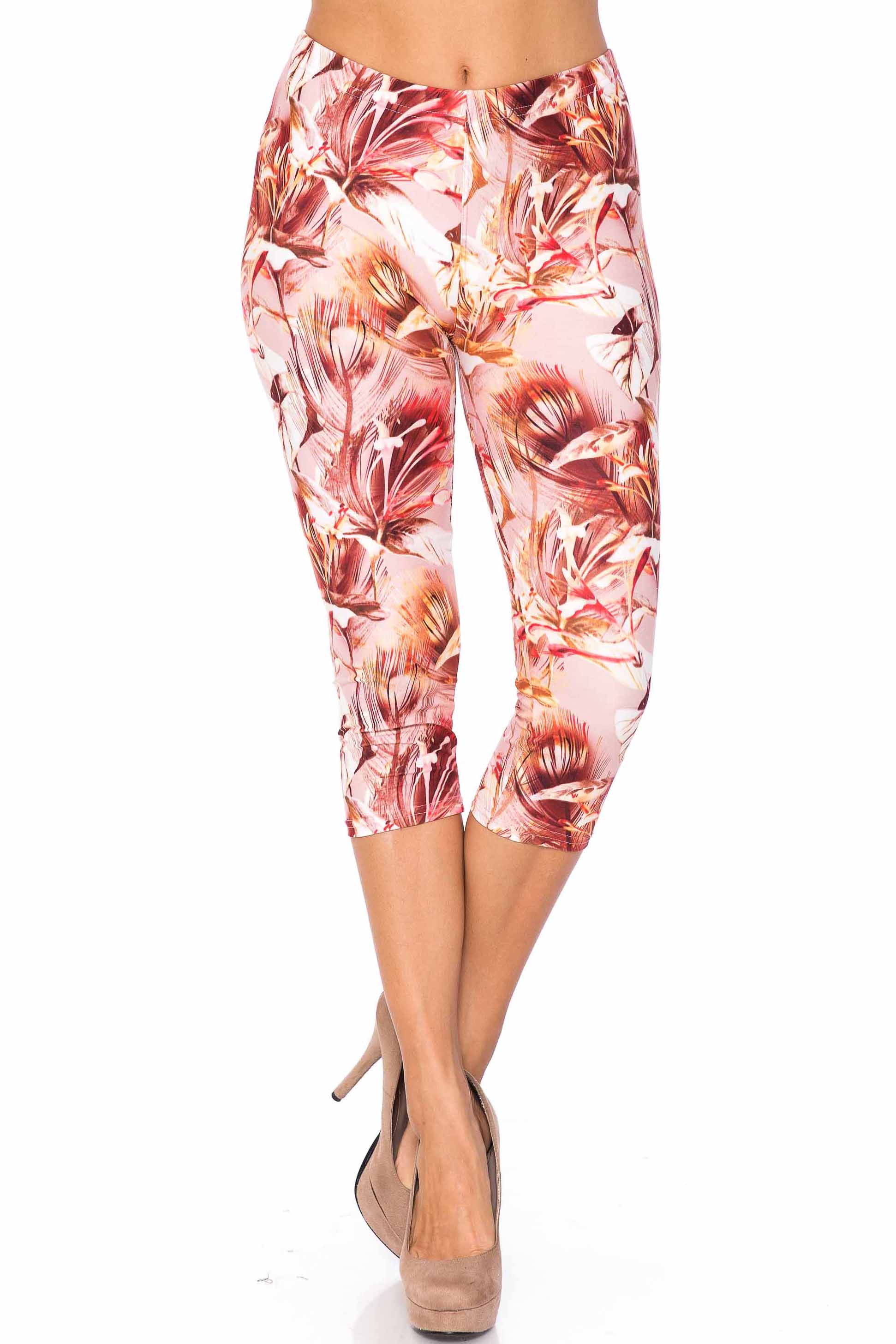Creamy Soft Mocha Floral Plus Size Capris - USA Fashion (One Size Plus,Brown)