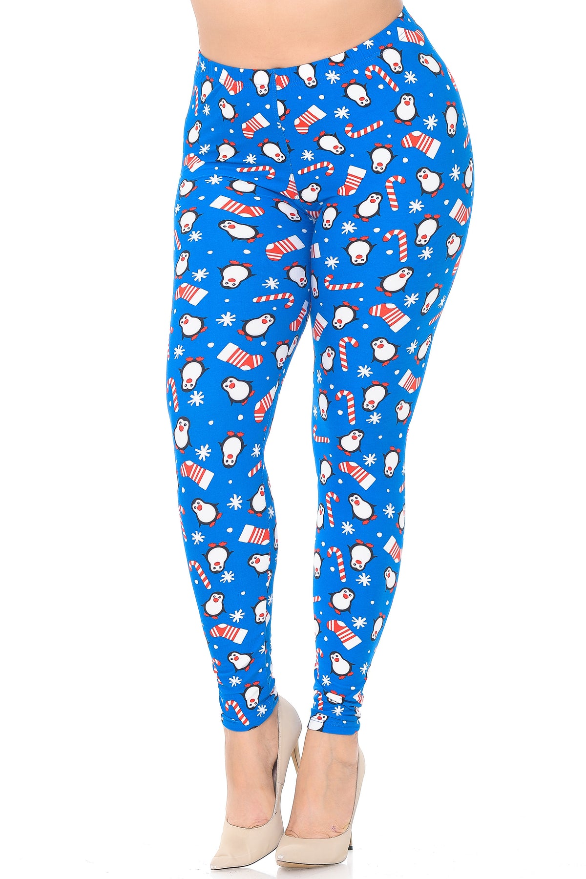 Brushed Icy Blue Christmas Penguins Plus Size Leggings