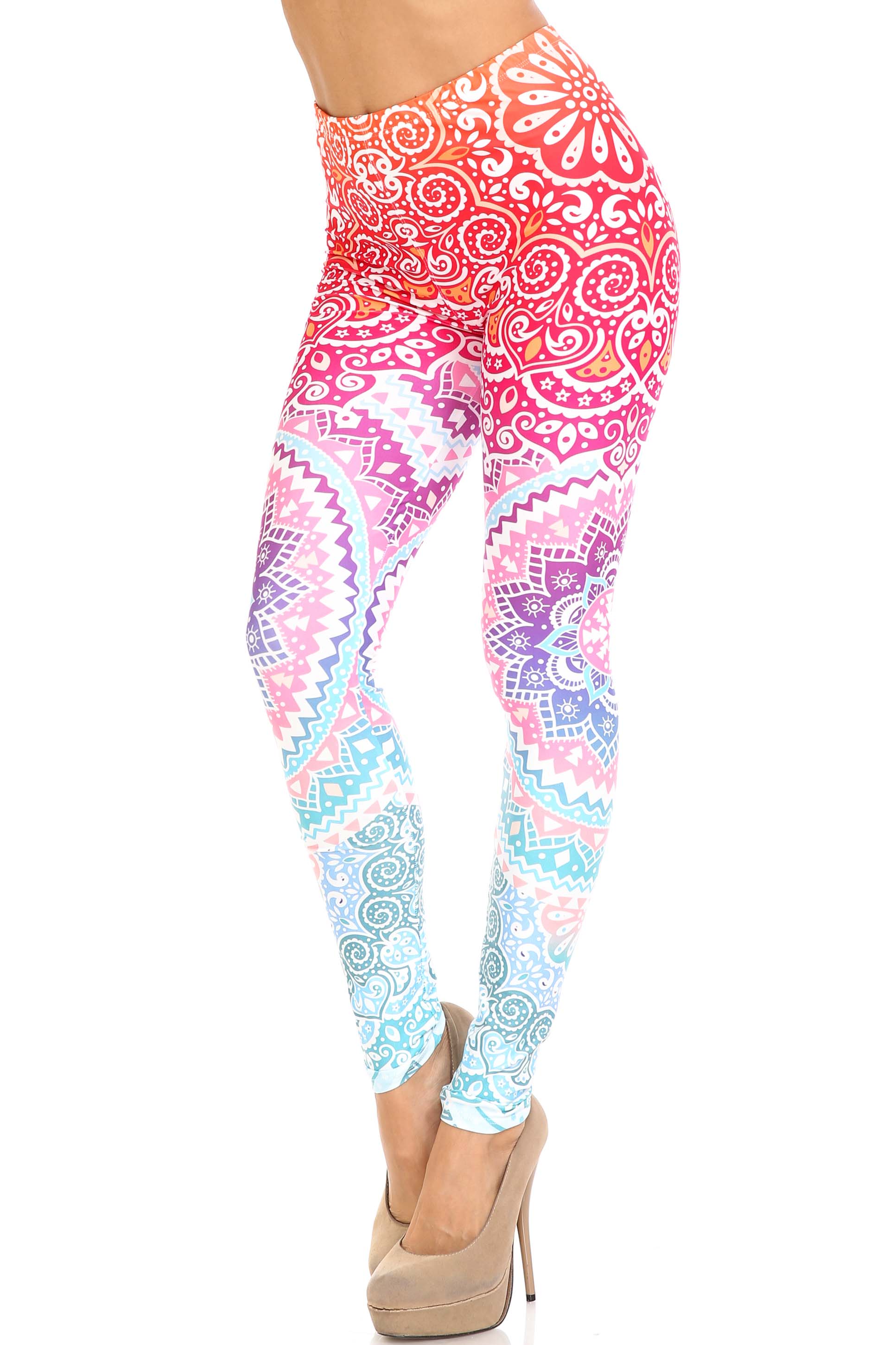 Creamy Soft Ombre Mandala Aztec Plus Size Leggings - USA Fashion (One Size Plus,Multi Color Pastel)