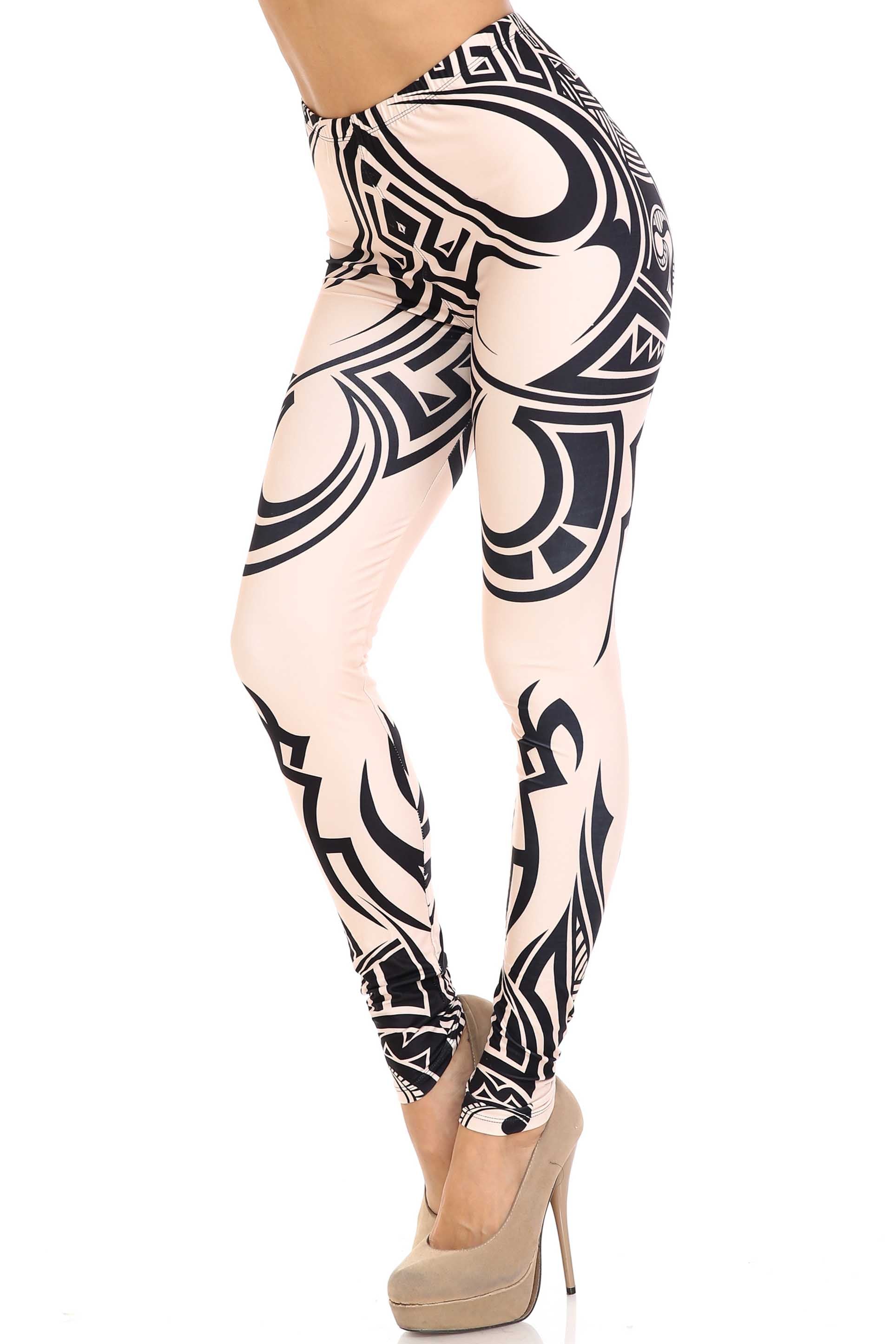 Creamy Soft Celestial Tribal Plus Size Leggings - USA Fashion (One Size Plus,Beige)