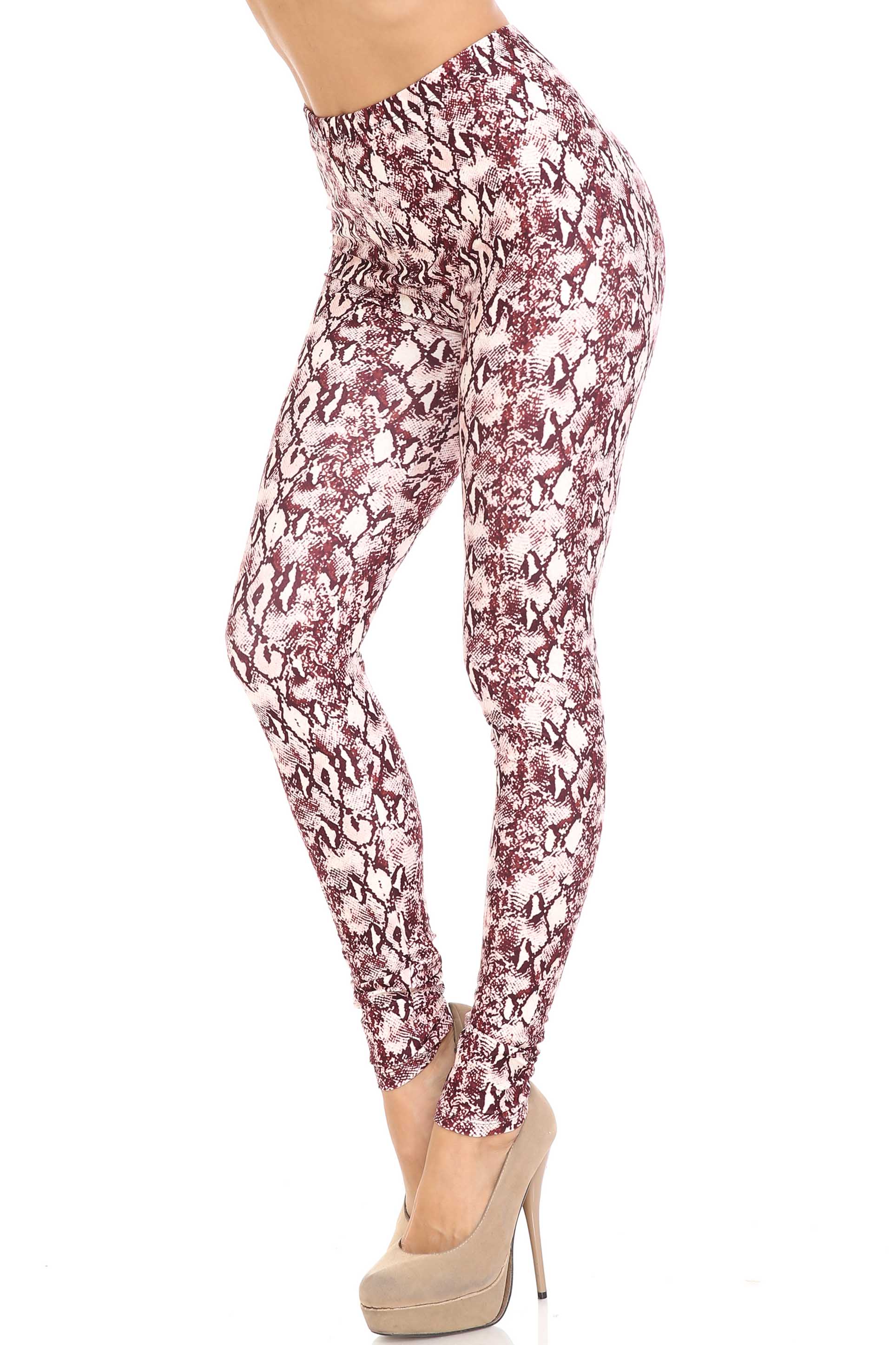 Creamy Soft Crimson Snakeskin Plus Size Leggings - USA Fashion (One Size Plus,Burgundy)