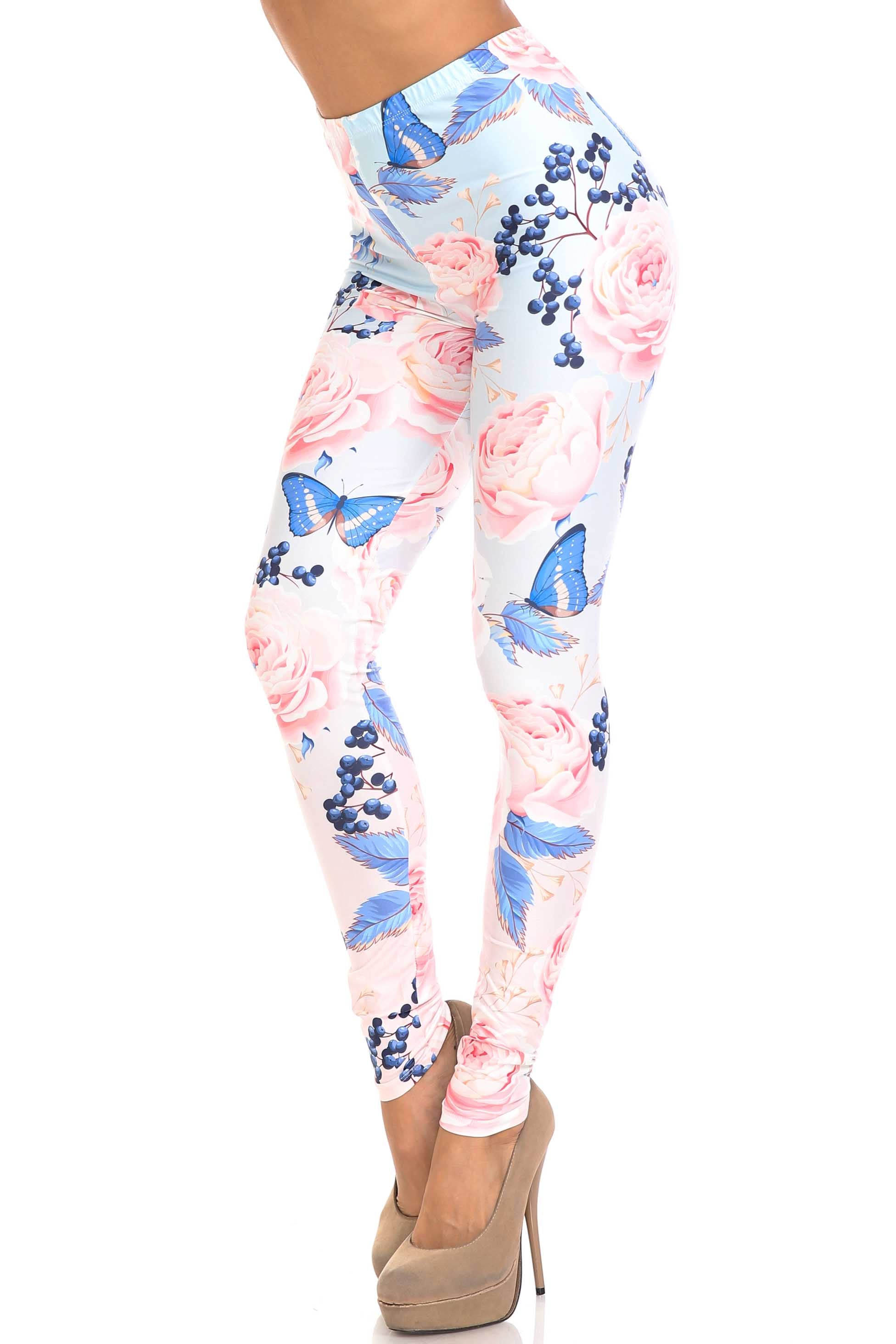 Creamy Soft Butterflies and Jumbo Pink Roses Plus Size Leggings - USA Fashion (One Size Plus,Pink)