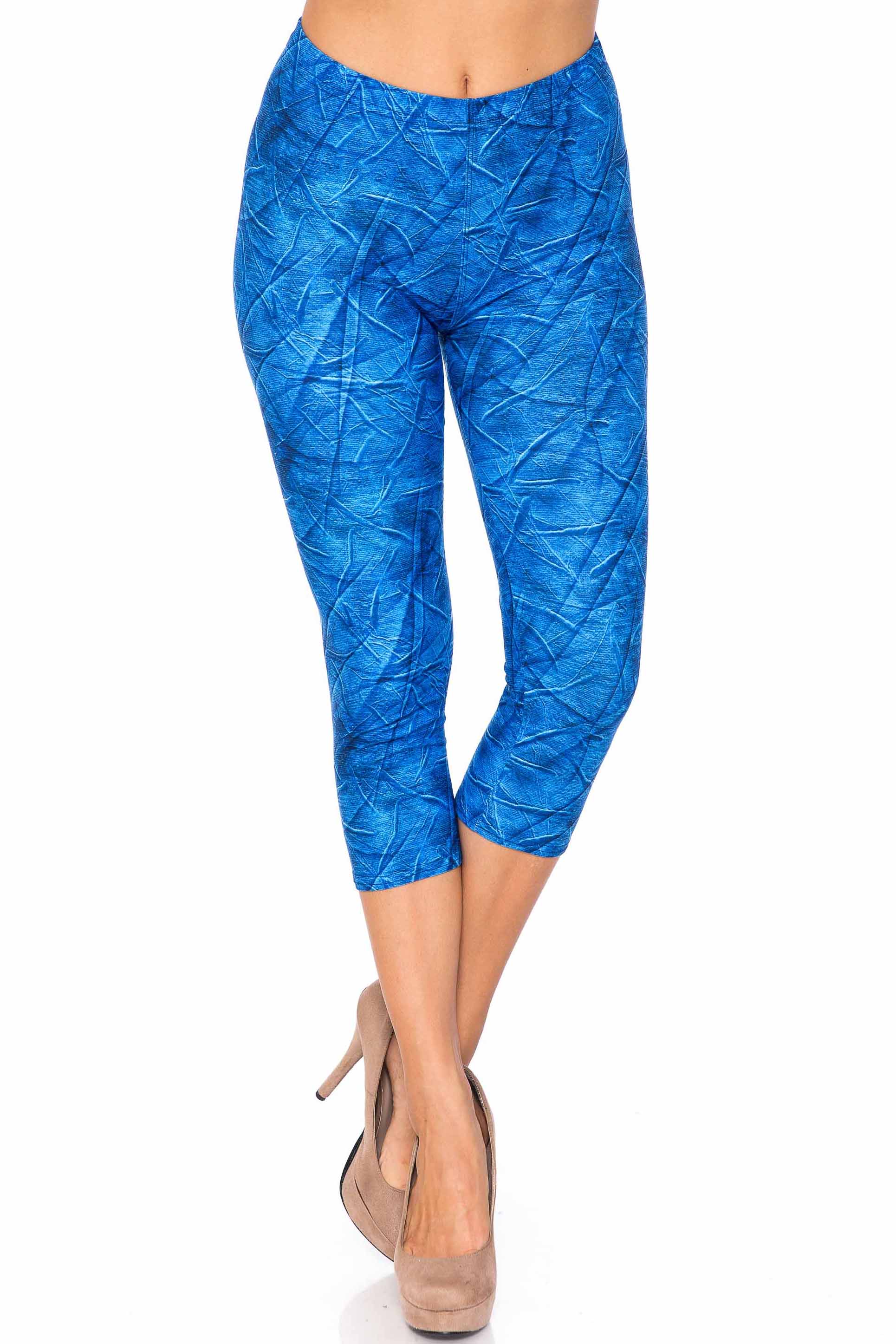 Creamy Soft Blue Wrinkled Denim Capris - USA Fashion (One Size Regular,Blue)