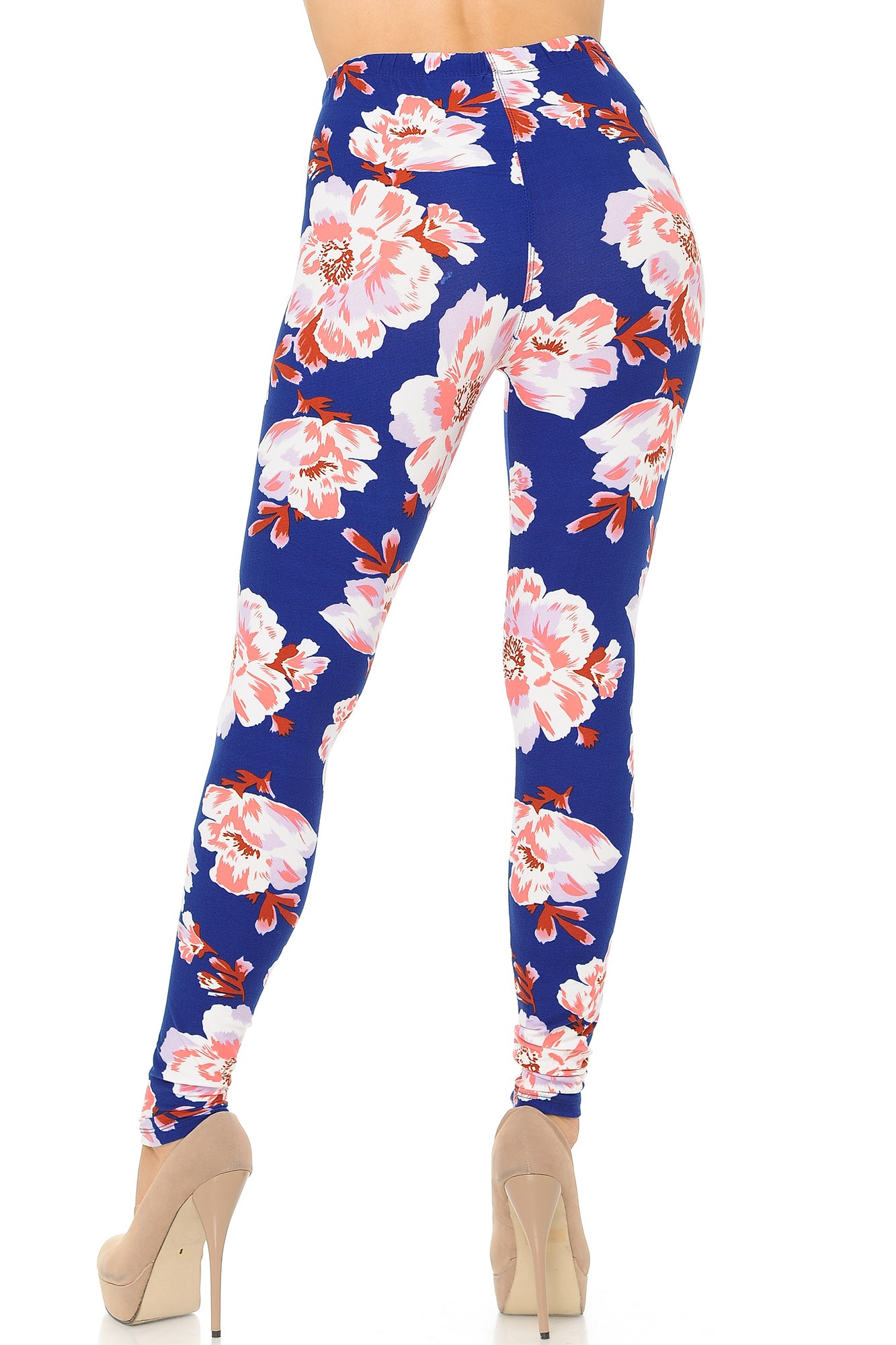 Buttery Soft Blooming Floral On Blue Leggings (One Size Regular,Blue)