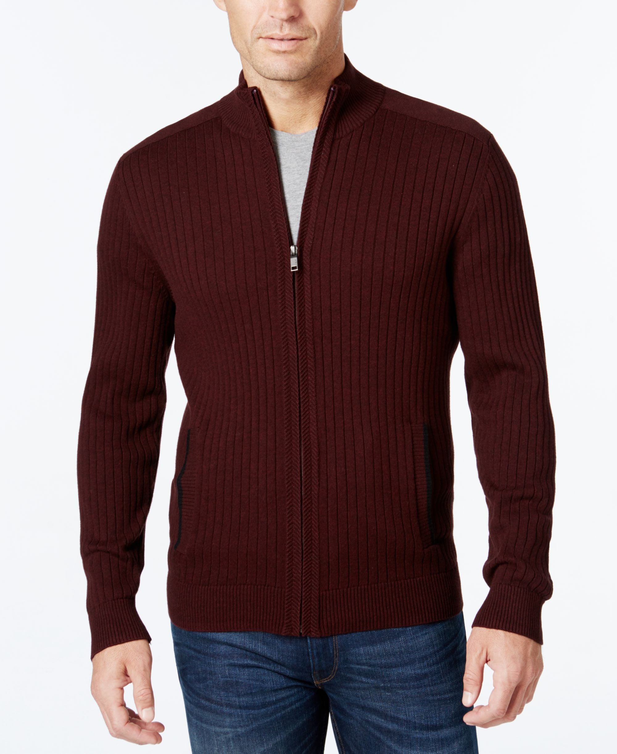 Alfani Mens Ribbed Full Zip Sweater Classic Fit