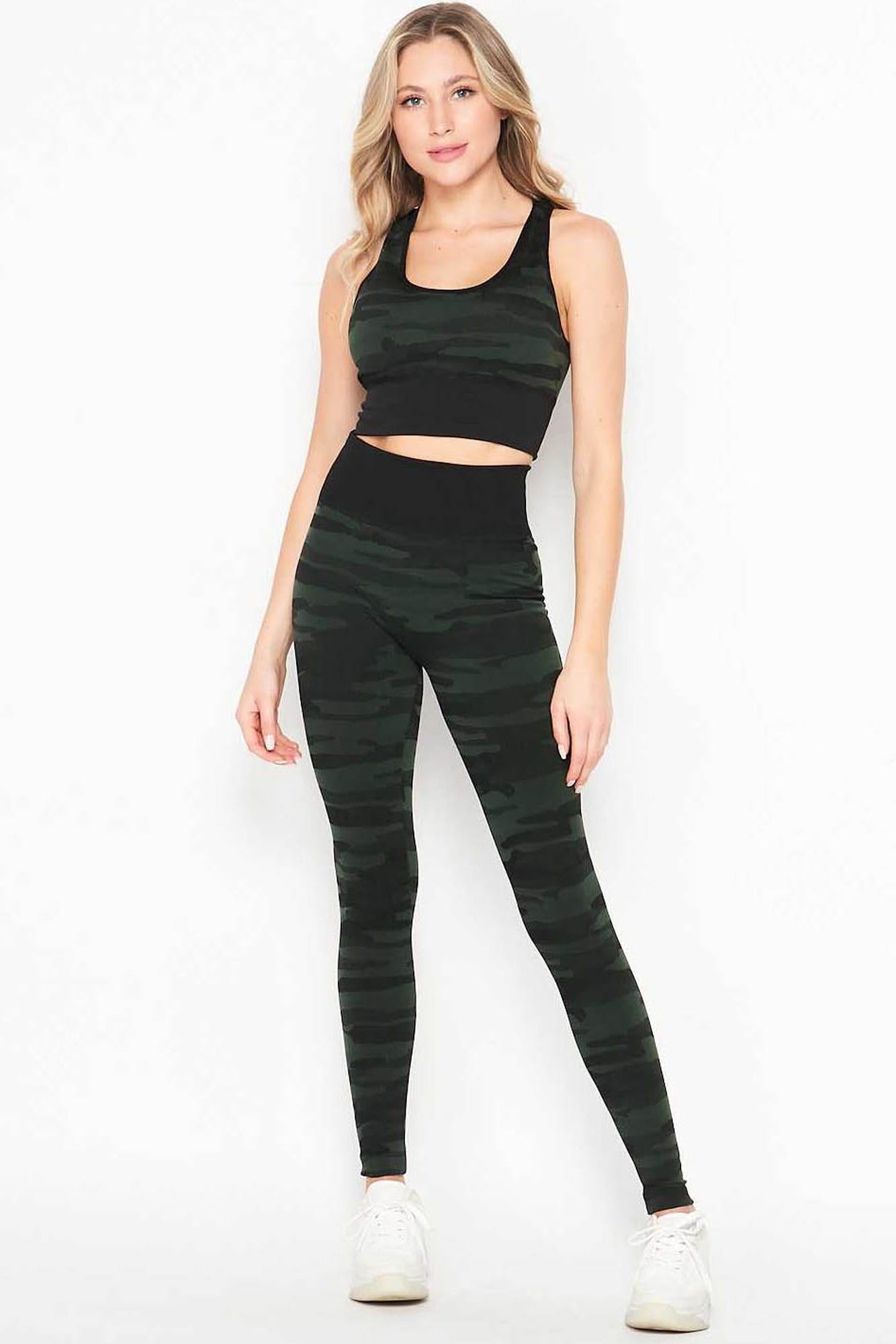 2 Piece Seamless Olive Camouflage Bra Top and Leggings Sport Set (One Size Regular,Olive)