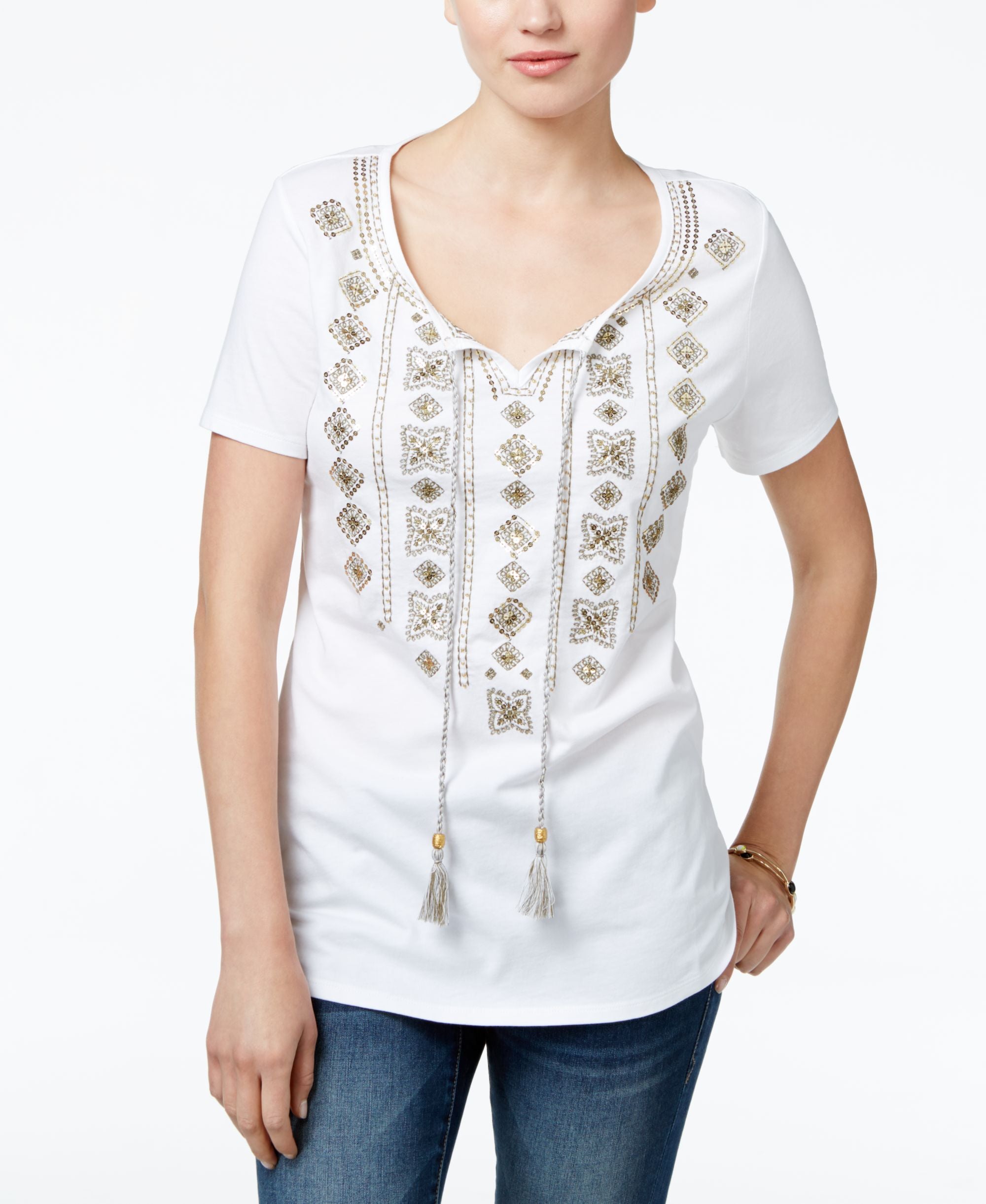 JM Collection Petite Embellished Peasant Top