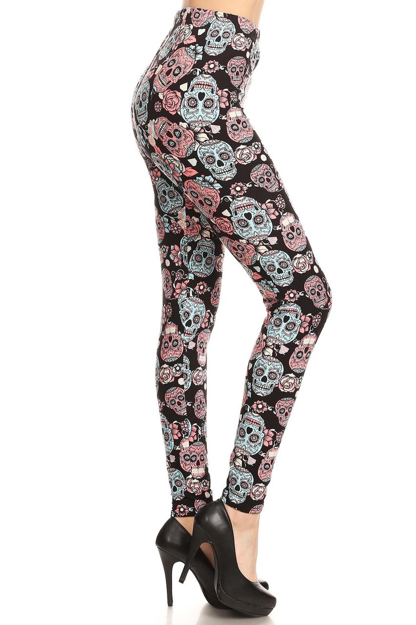 Buttery Smooth Sugar Skull Plus Size Leggings (One Size Plus,Blue)