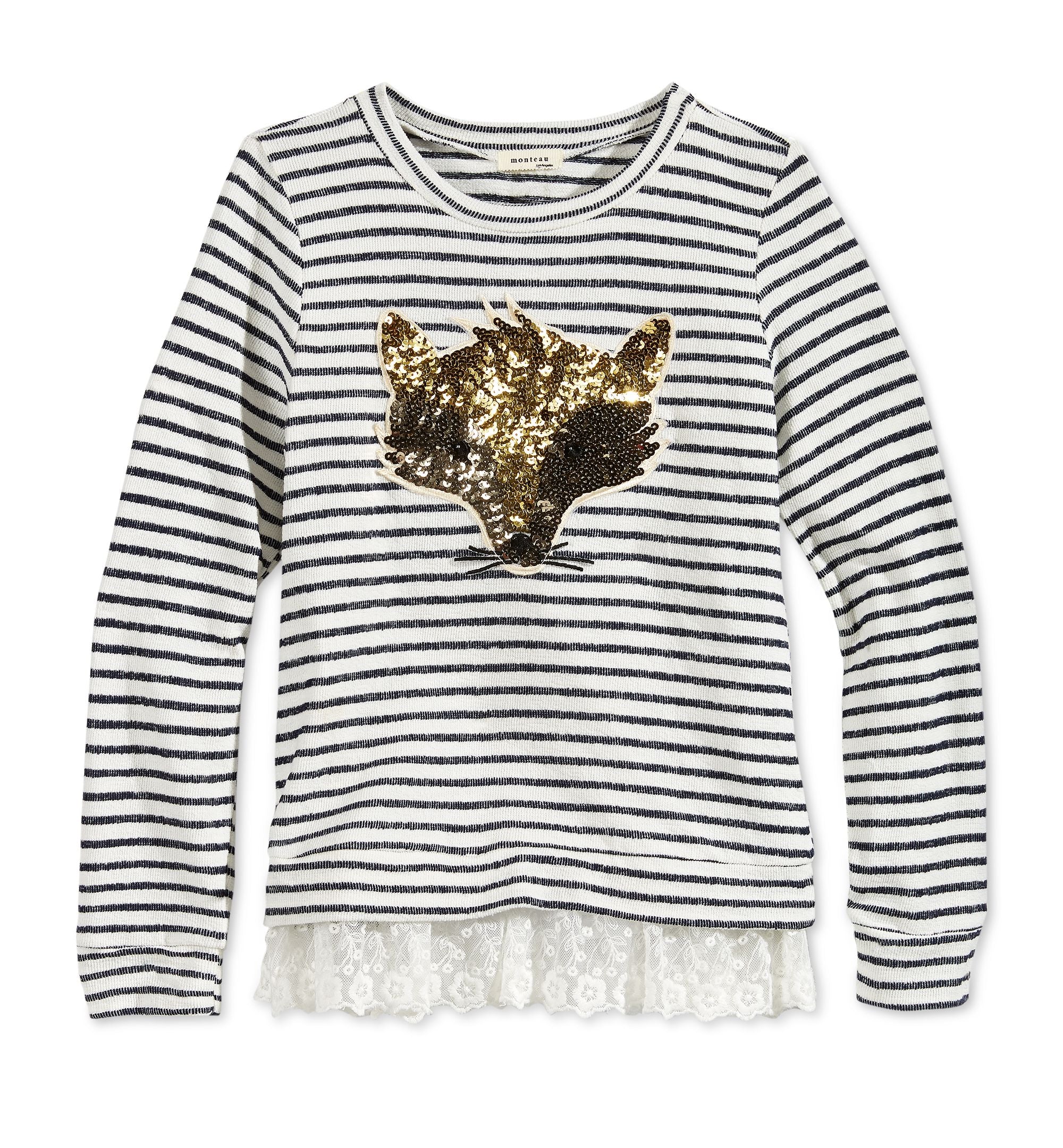 Monteau Girls' Striped Fox Lace-Hem Sweat Top