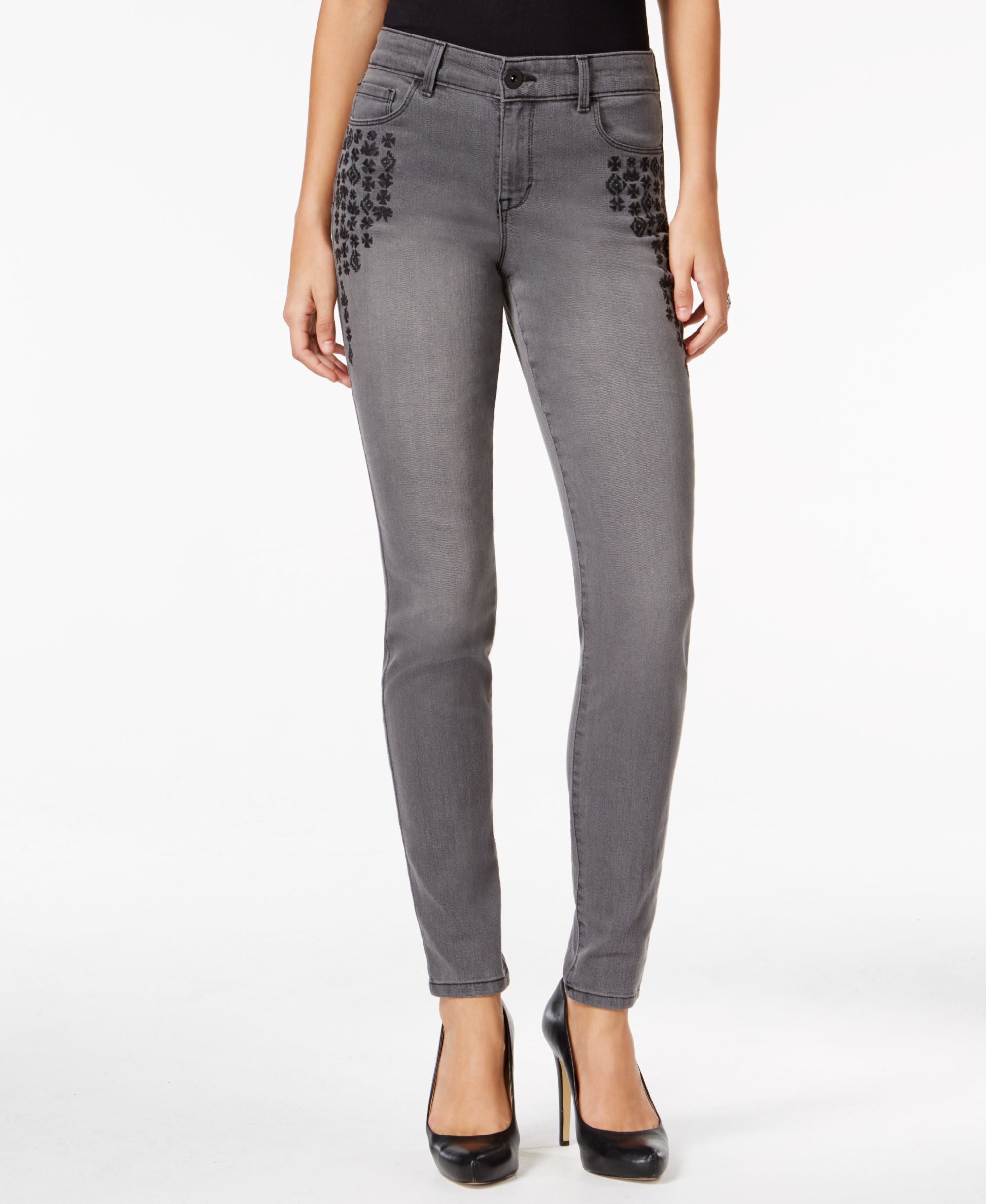 Style & Co. Petite Embroidered Dark Shadow Skinny Jeans Dark Shadow 12P