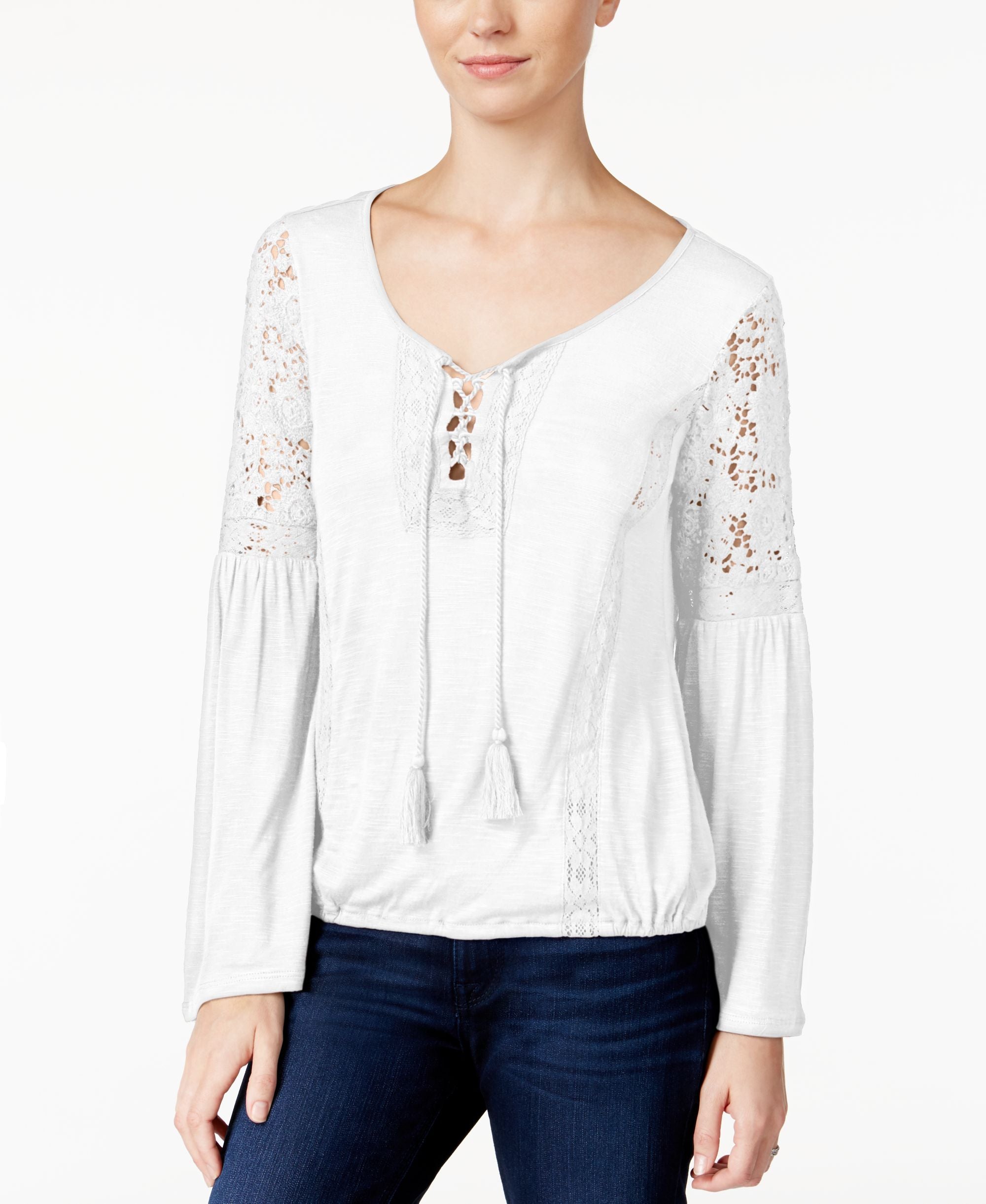 American Rag Lace Up Bell Sleeve Peasant Top