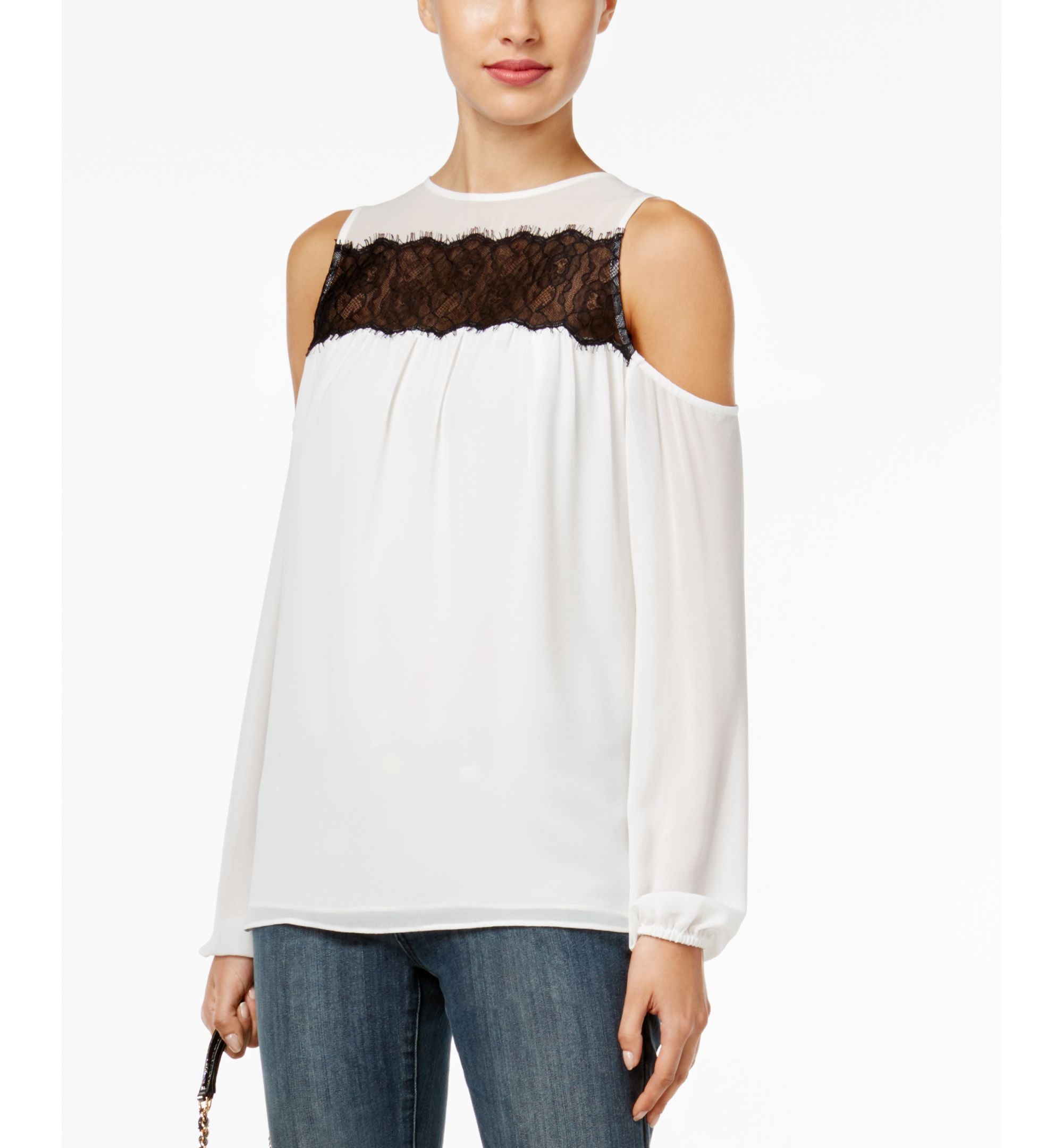 Michael Michael Kors Petite Lace Trim Cold Shoulder Top