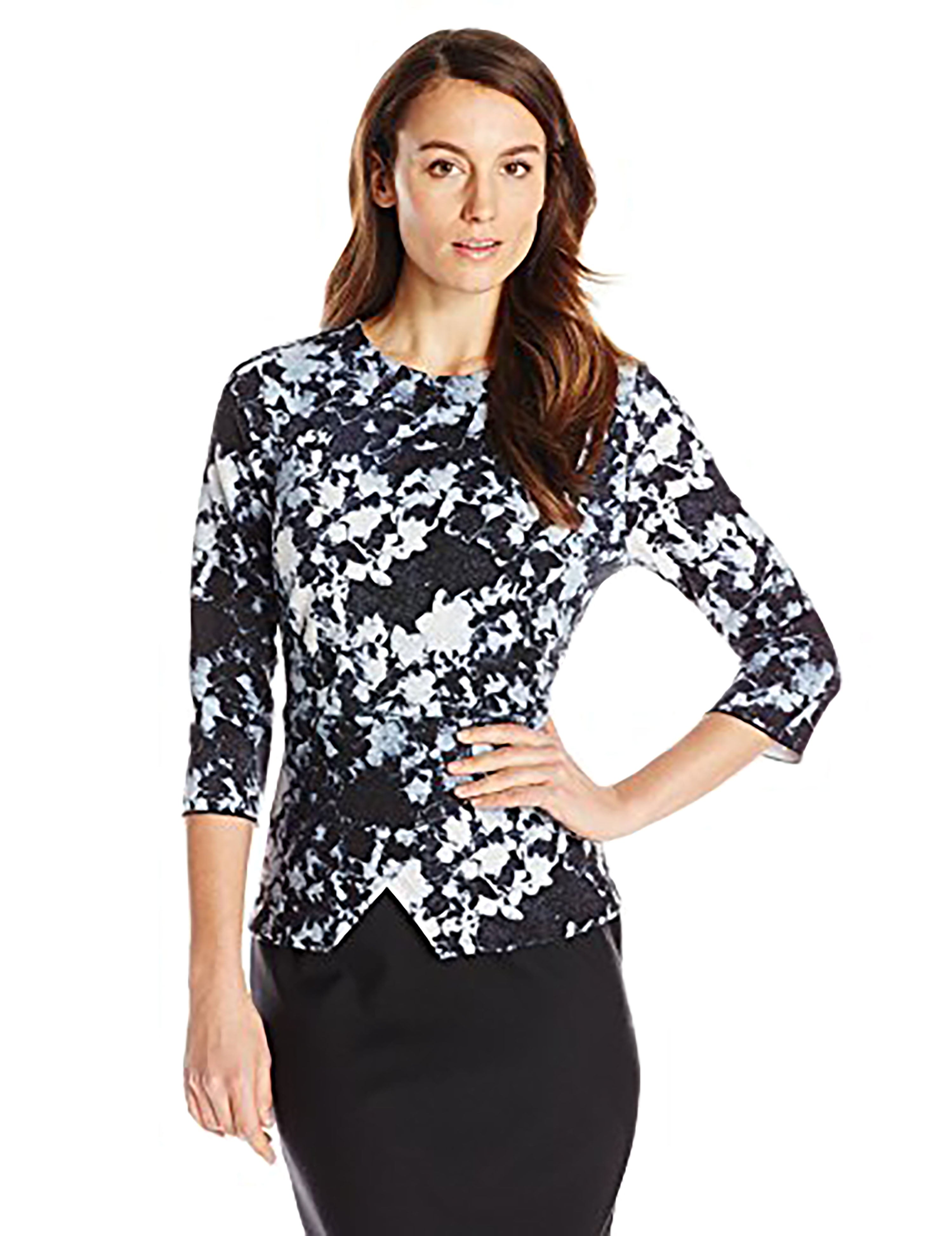 Vince Camuto Women's Elbow Sleeve Cross Peplum Floral Scuba Top, Chambray, Large
