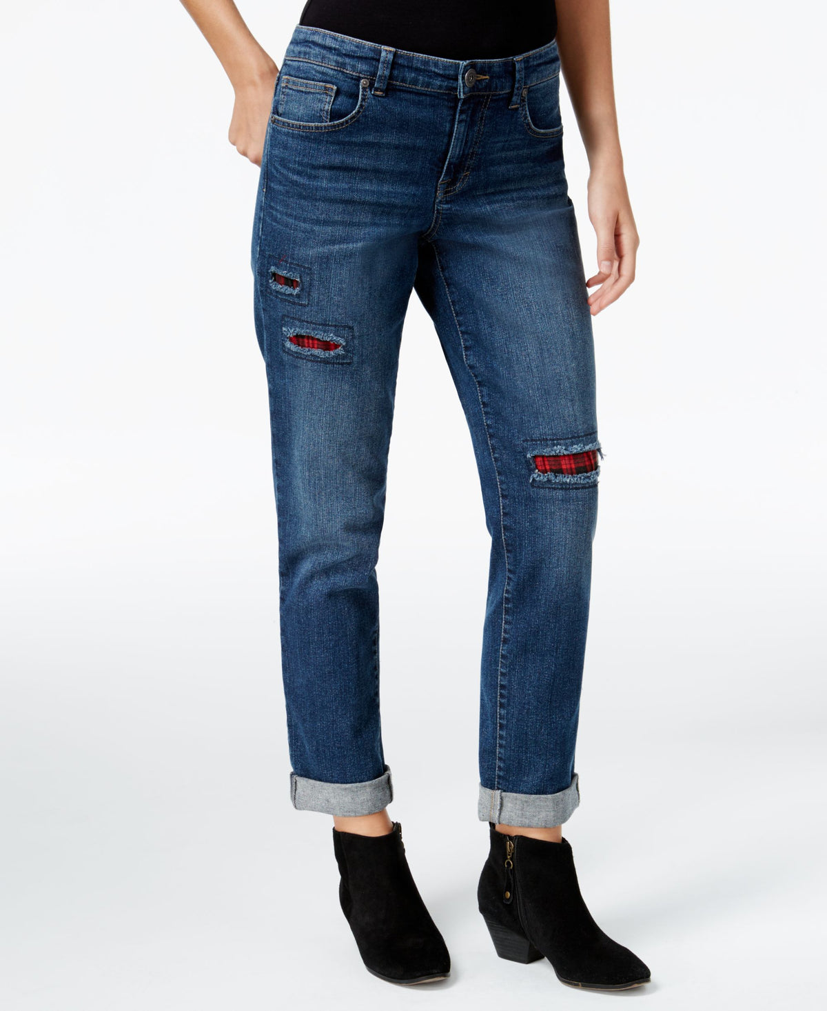 Style & Co Petite Patchwork Boyfriend Jeans Path Blue 4P