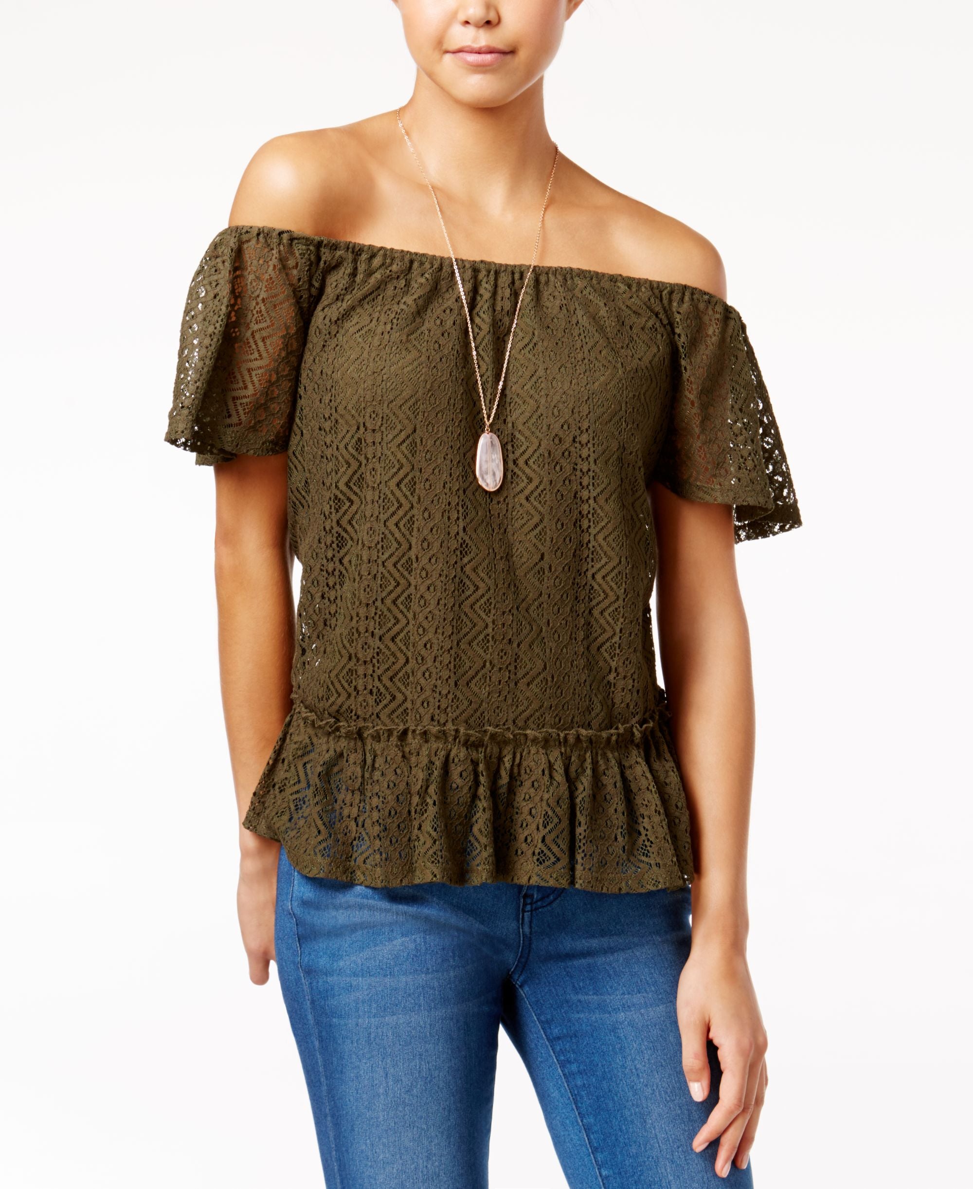 Belle Du Jour Juniors Lace Off The Shoulder Top With Necklace