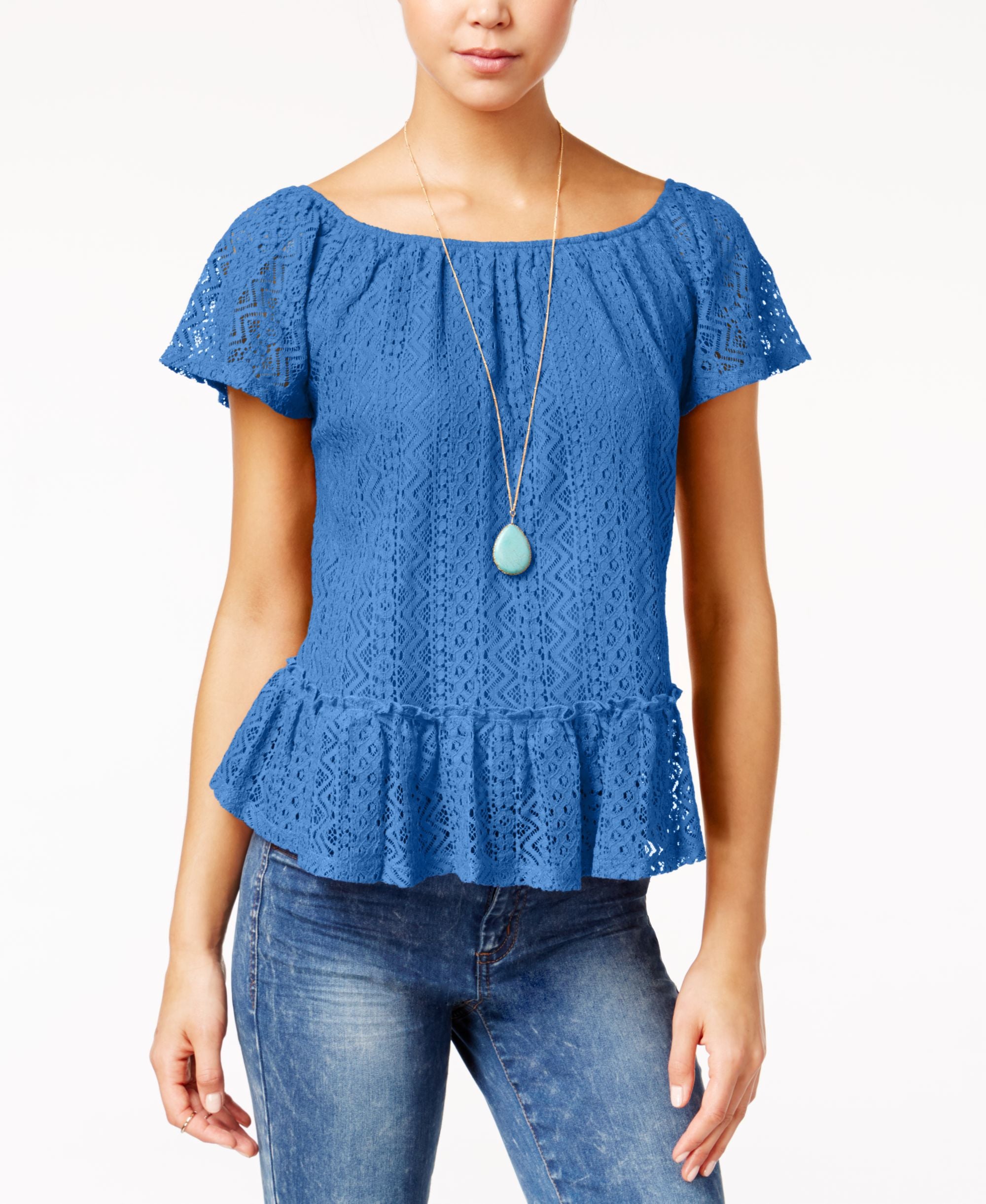 Belle Du Jour Juniors Lace Off The Shoulder Top With Necklace