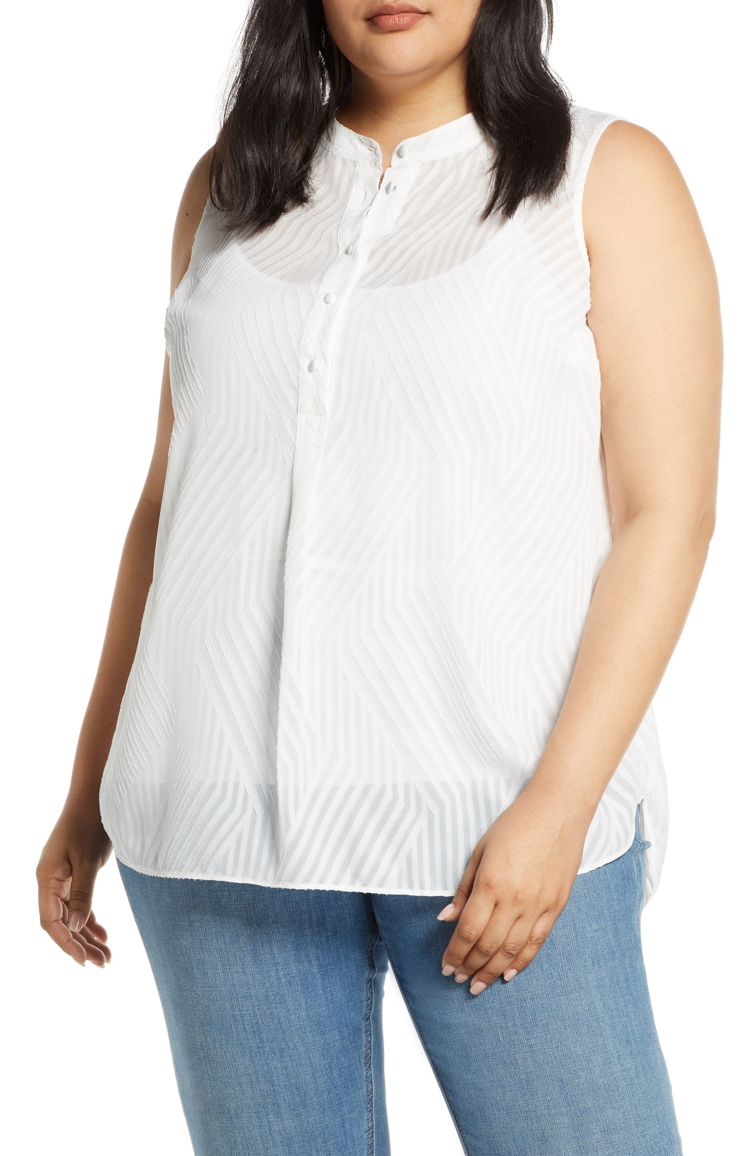Vince Camuto Womens Plus Sheer 3/4 Button-Down Tank Top