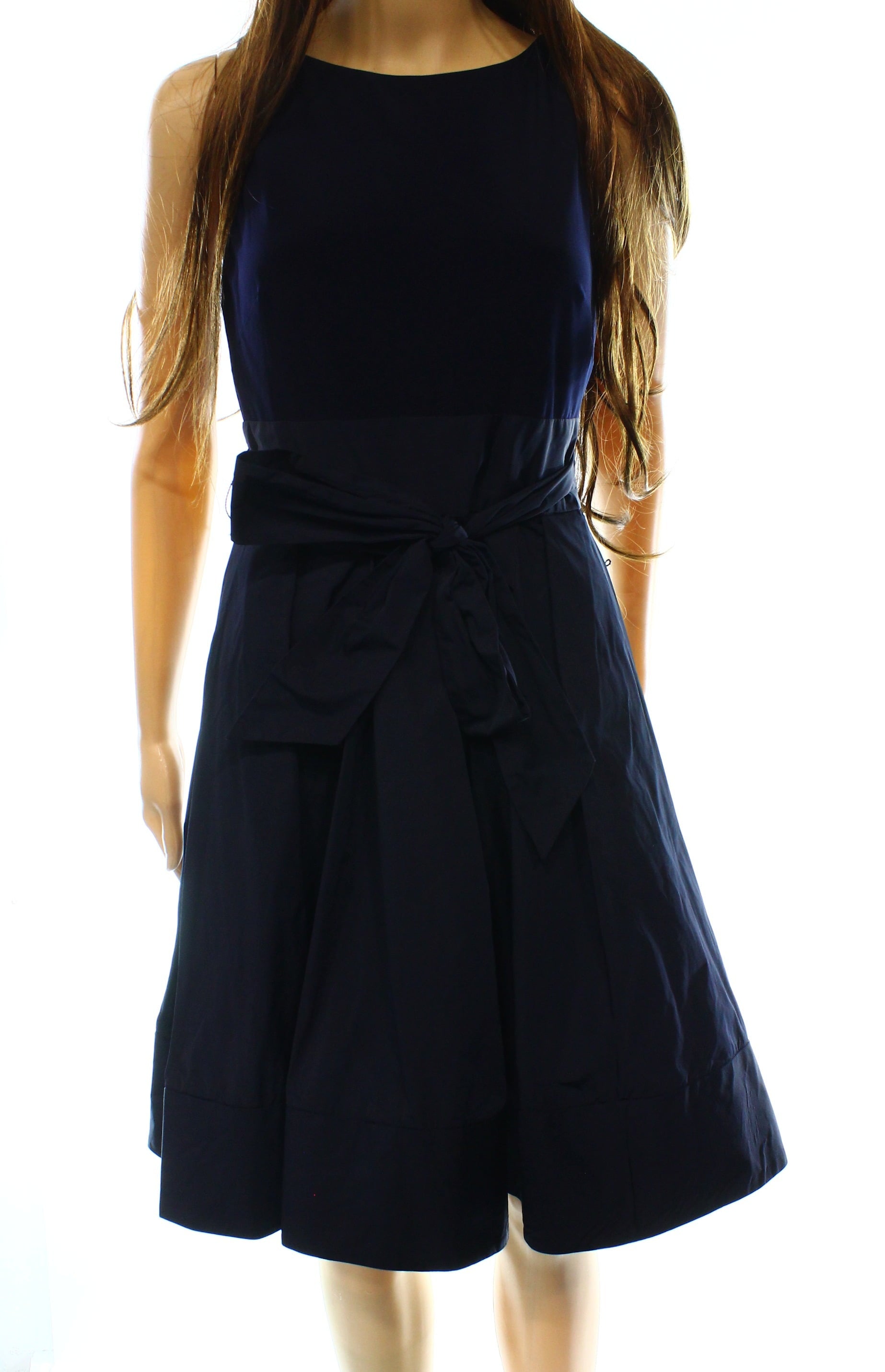 Lauren Ralph Lauren Navy Women Petite Belted Pleated Dress