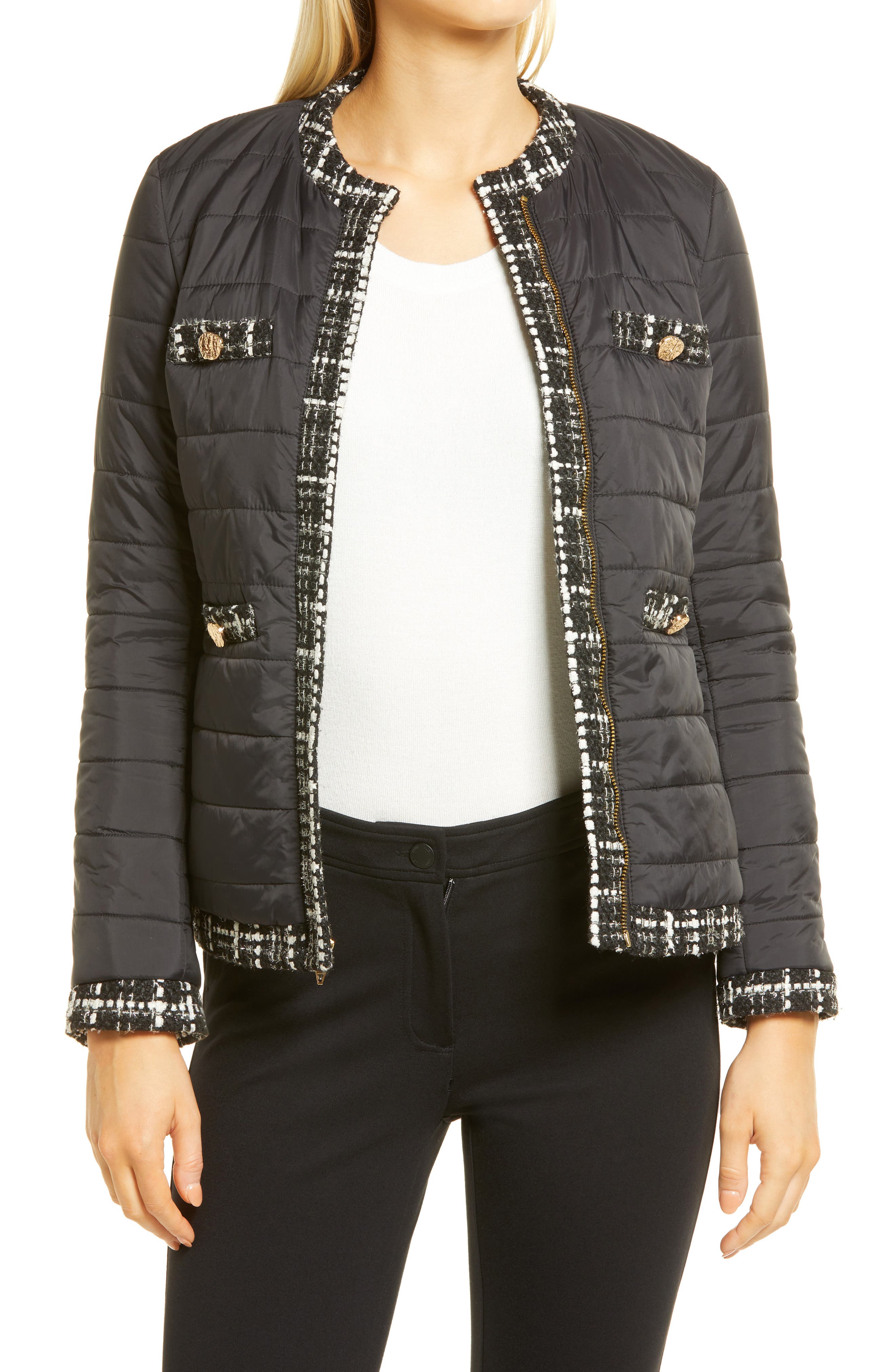 Anne Klein Womens Tweed Trim Outerwear Quilted Coat Jacket