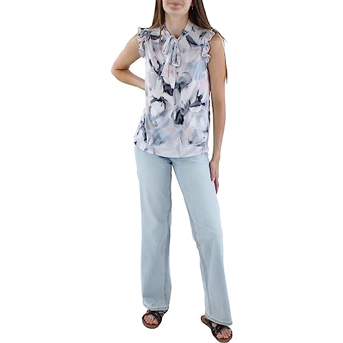 Calvin Klein Womens Petites Printed Tie-Neck Pullover Top