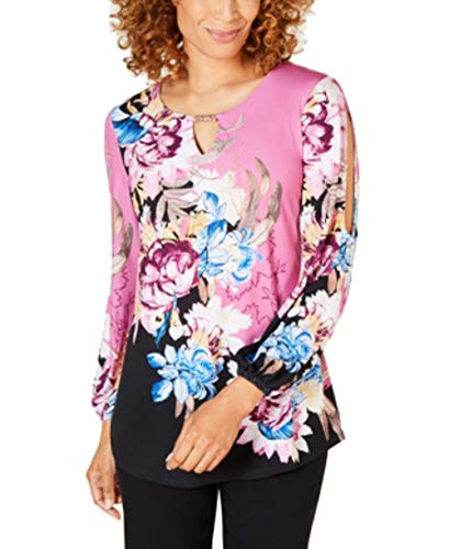 JM Collection Petite Split-Sleeve Keyhole Tunic (Peony Phoenix Floral, P/XS)