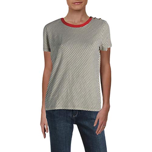 Lauren Ralph Lauren Stripe Print Button Shoulder Cotton T-Shirt