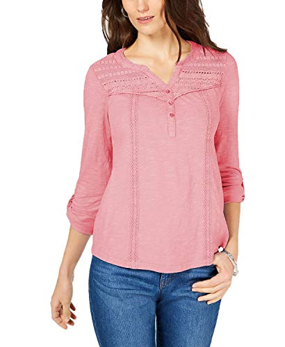 Style & Co. Women's Petite Cotton Crochet-Trim Roll-Tab Top Pink Size Medium