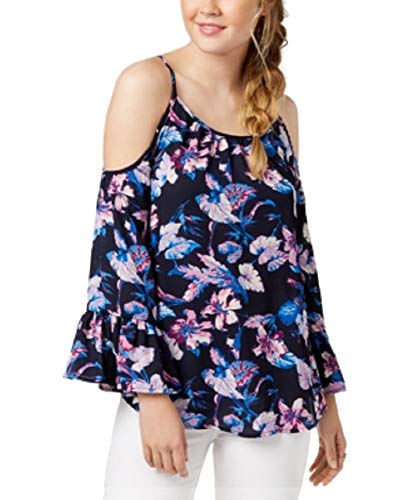 Juniors' Printed Bell-Sleeved Cold-Shoulder Blouse