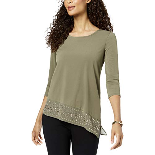 JM Collection Womens Petites Studded Mixed Media Blouse Olive Sprig PS