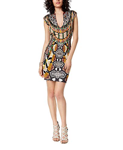Just Cavalli Women Deep V-Neck Mixed-Print Sheath Dress Taupe 44