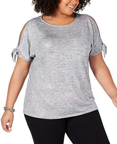 JM Collection Plus Size Cold-Shoulder Tie-Sleeve Top (Gray Foil, 2X)