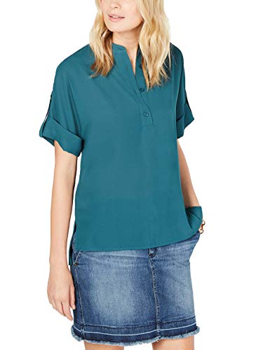 Michael Kors Womens Monogram Roll-Tab Shirt, Regular & Petite Sizes (Atlantic, P/M)