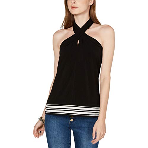 Michael Michael Kors Women's Stripe Border Hem Halter Knit Top, Black (Large)