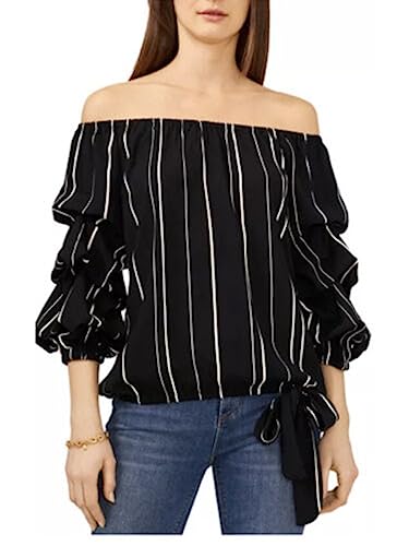 VINCE CAMUTO Womens Black Striped Long Sleeve Off Shoulder Wear To Work Top Plus