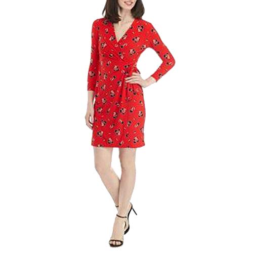 Anne Klein Long Sleeve Tussy Mussy Print Classic Wrap Dress (Poppy,Anne White, XS)