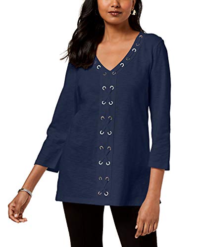 JM Collection Cotton Grommet-Laced Tunic (Navy, S)