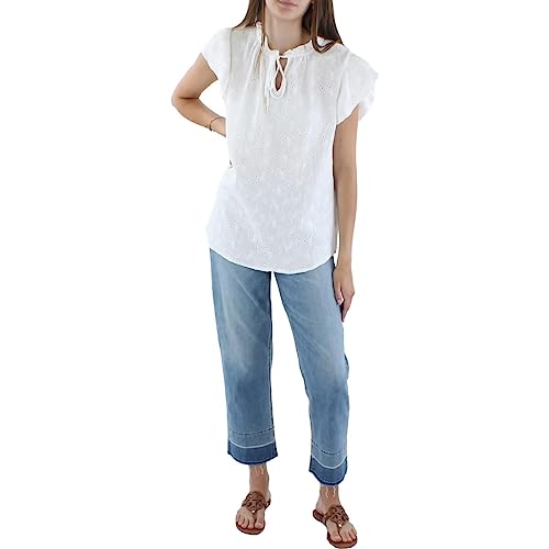 Anne Klein Womens Eyelet Ruffle-Collar Pullover Top