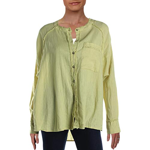 We The Free Womens Keep It Simple Linen Blend Fringe Button-Down Top Yellow S