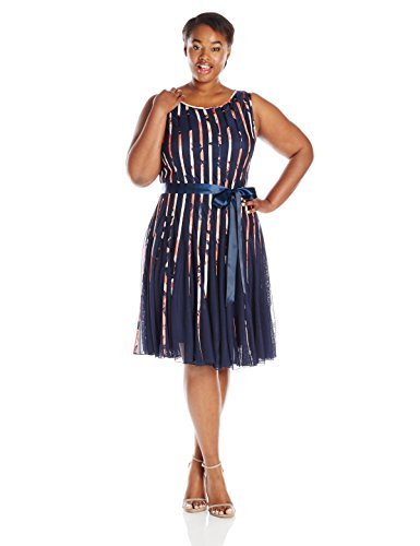 S.L. Fashions Women's Plus Size Printed Mesh Dress with Satin Trim, Navy/Coral, 18W