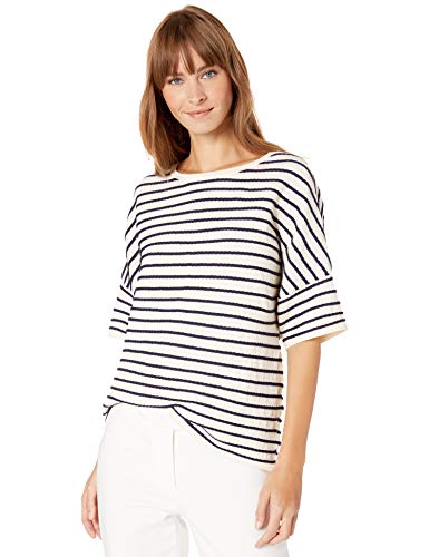 Anne Klein Women's Short Sleeve Striped Sweater TOP, Anne White/Eclipse, L