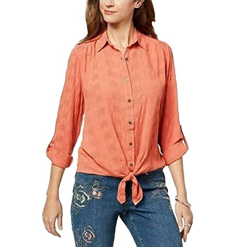 Style & Co. Womens Tie-Front Button-Up Shirt Rose Sand Medium
