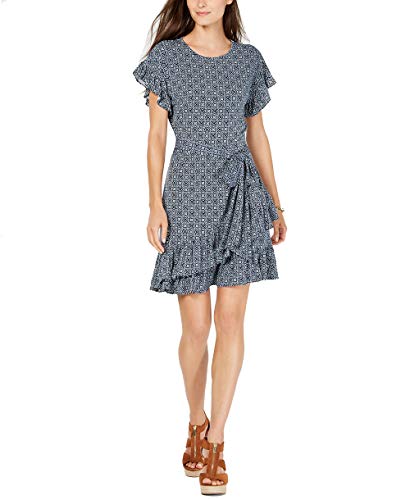 Michael Kors Printed Flutter-Sleeve Dress (True Navy/Sea Green, XS)